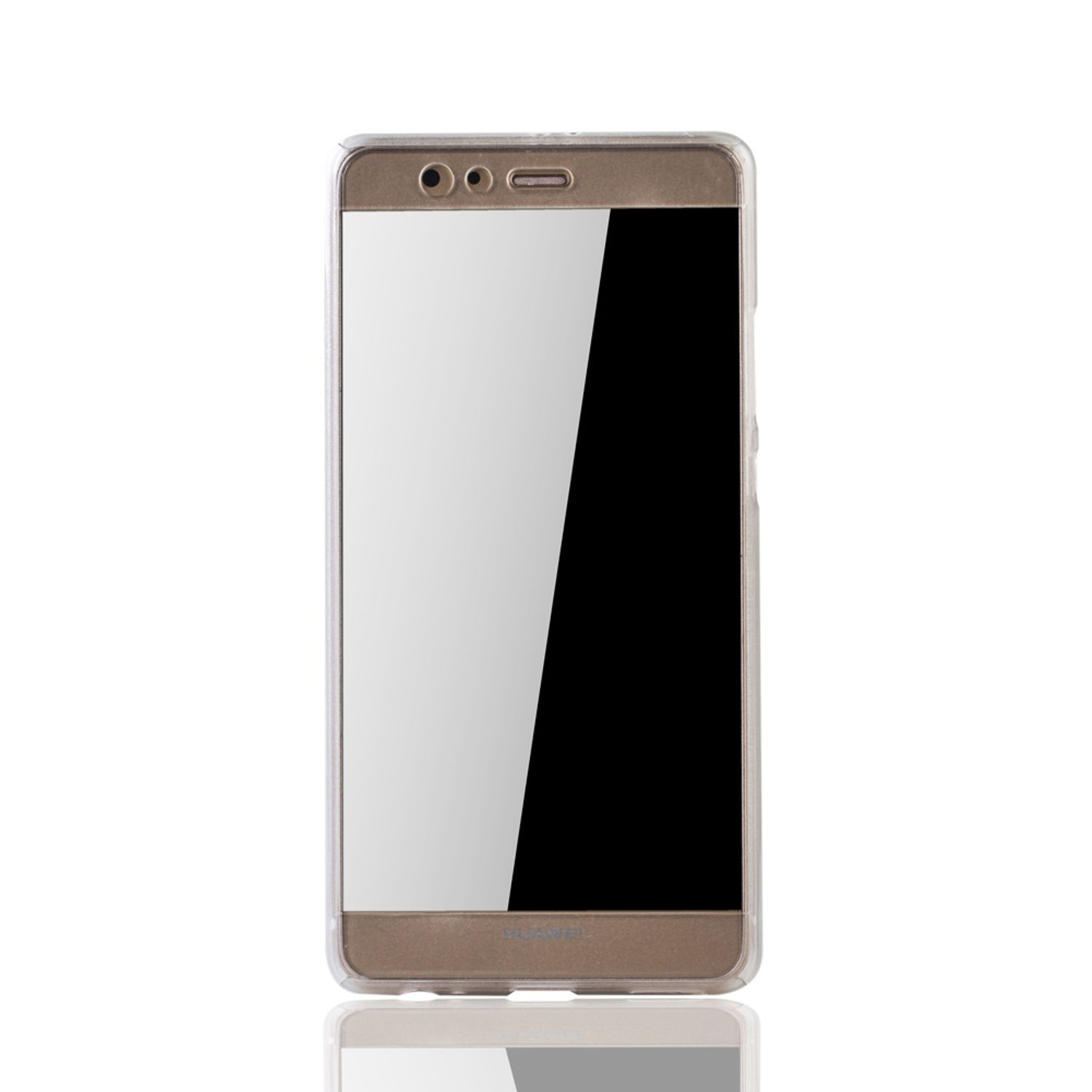 Telefon in goldener Hülle mit schwarzem Bildschirm. Frontansicht auf weißem Grund.