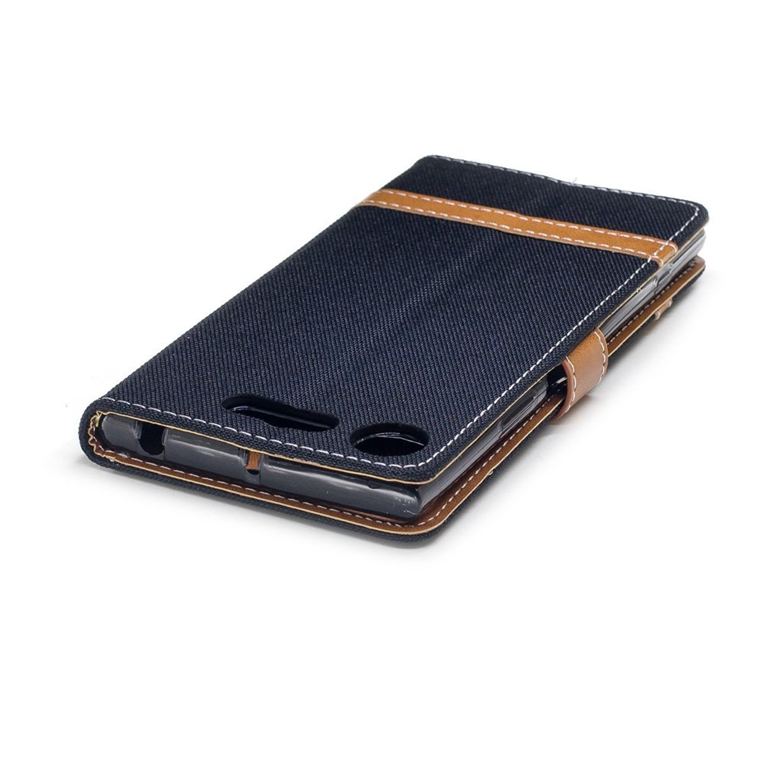 Eine geschlossene, blaue Jeans-Handyhülle mit braunen und weißen Akzenten.