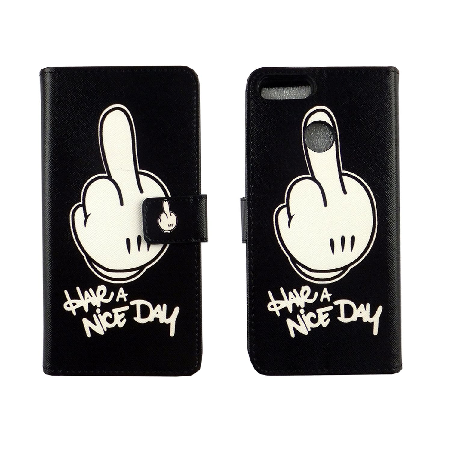 Schwarze Handyhülle mit einer weißen Hand, die eine unhöfliche Geste macht, und dem Text „Have a nice day“. Weißer Hintergrund.