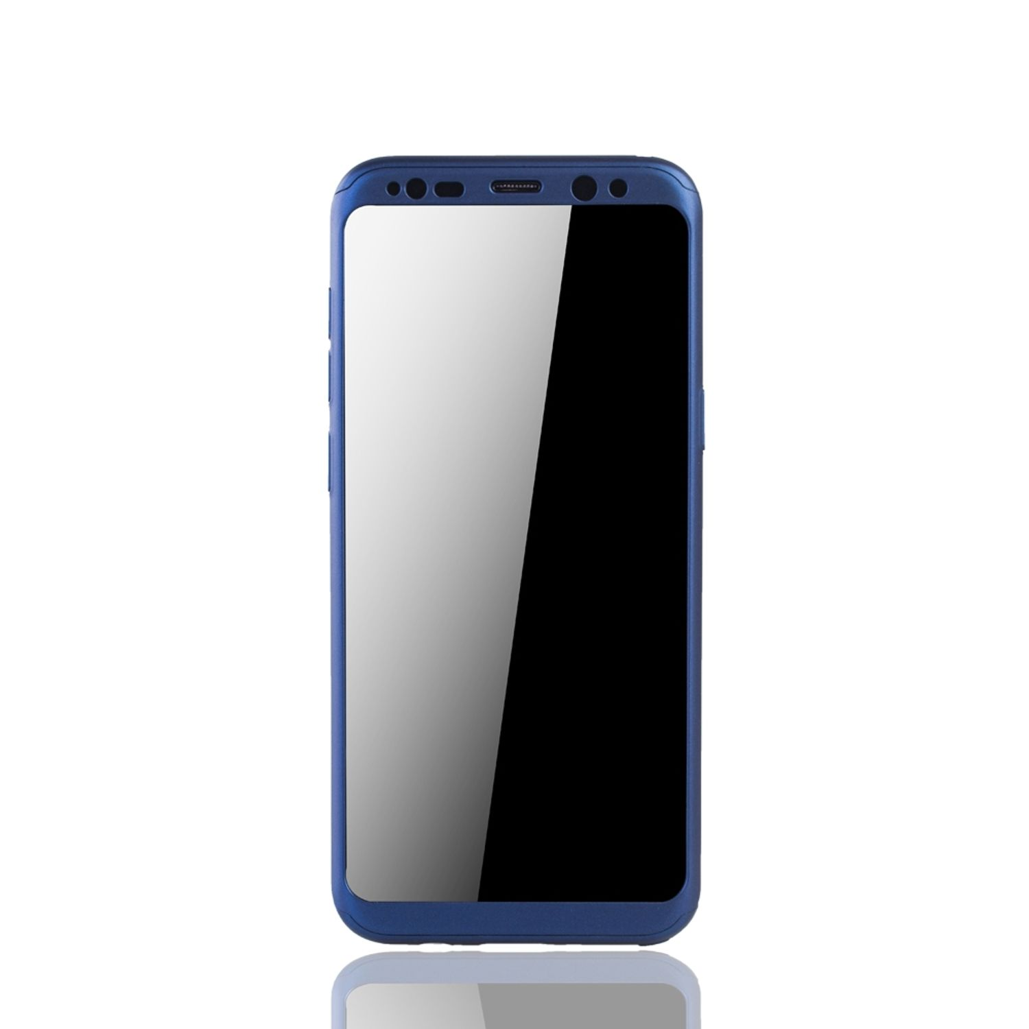 Blaue Handyhülle mit Displayschutzfolie auf weißem Hintergrund. Telefon wird gezeigt.