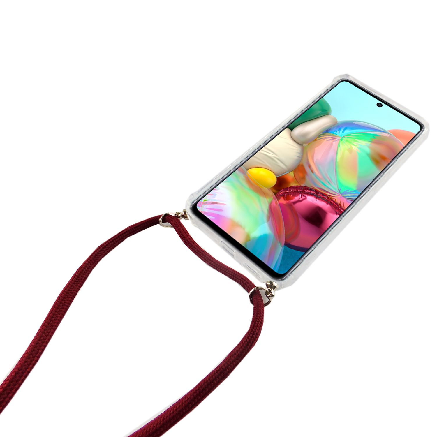 Ein Telefon mit Hülle und Lanyard ist diagonal abgewinkelt. Der Bildschirm zeigt Farben.