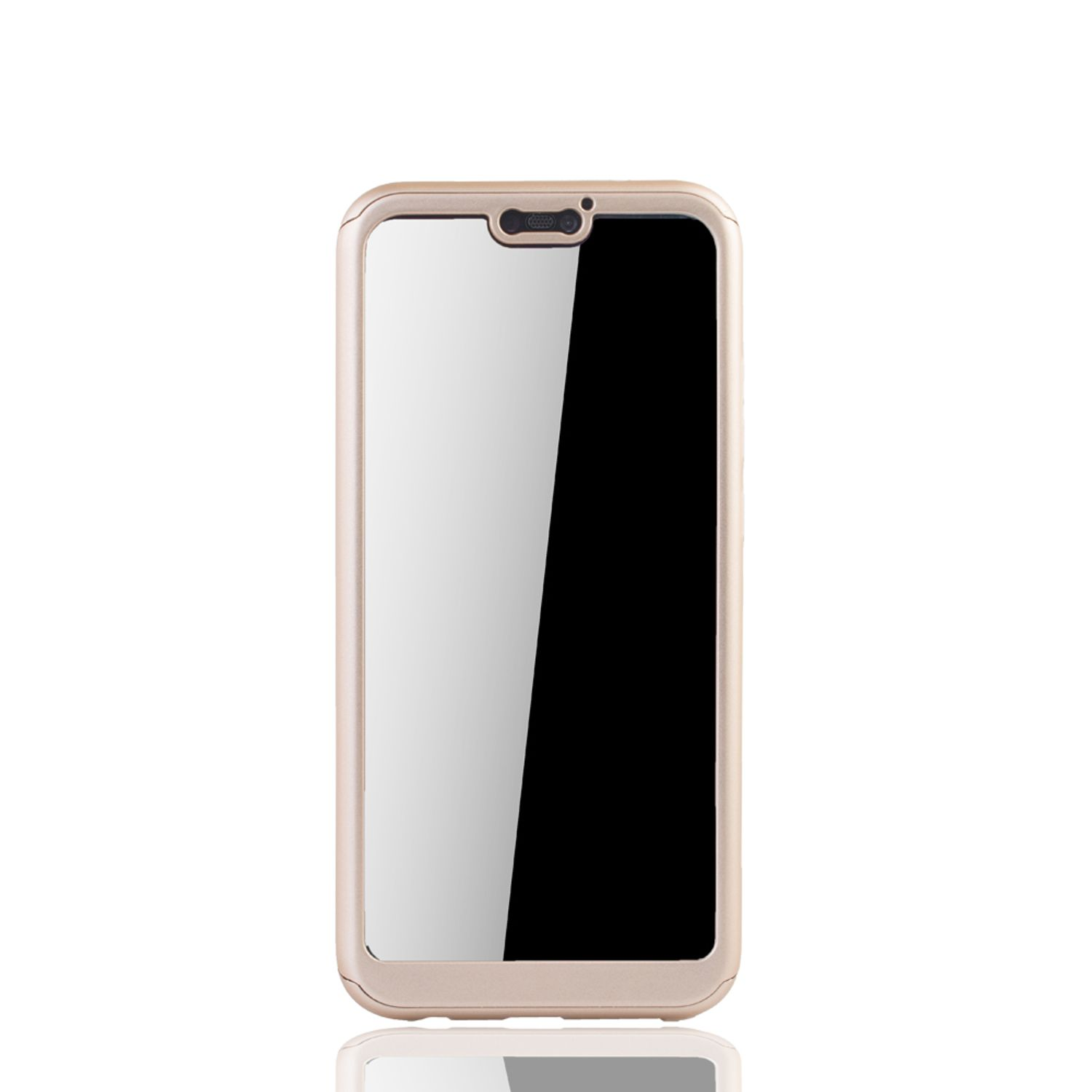 Telefon in einer goldenen Hülle, das den Bildschirm zeigt.