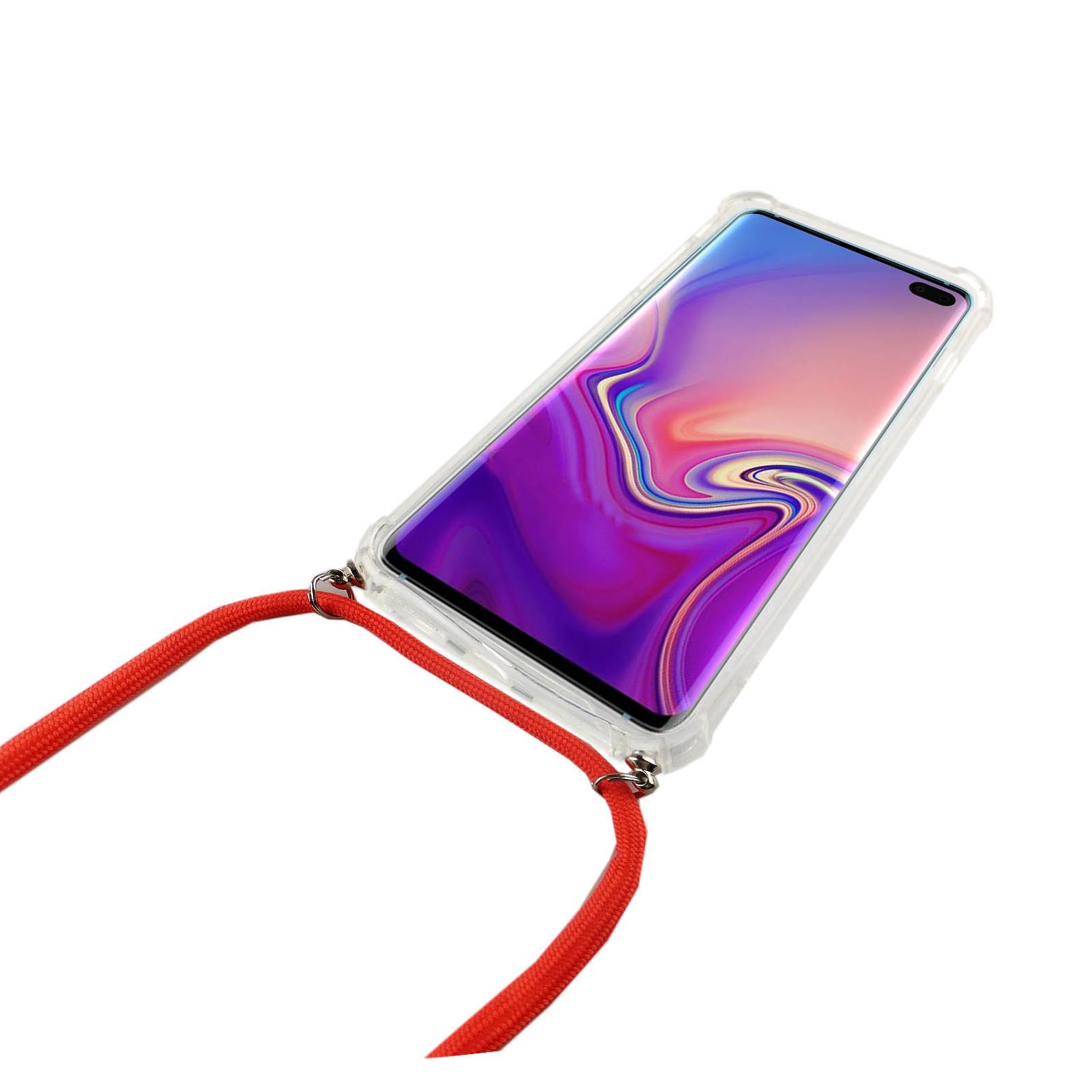 Transparente Handyhülle mit rotem Umhängeband, hält ein Telefon mit lila Display.