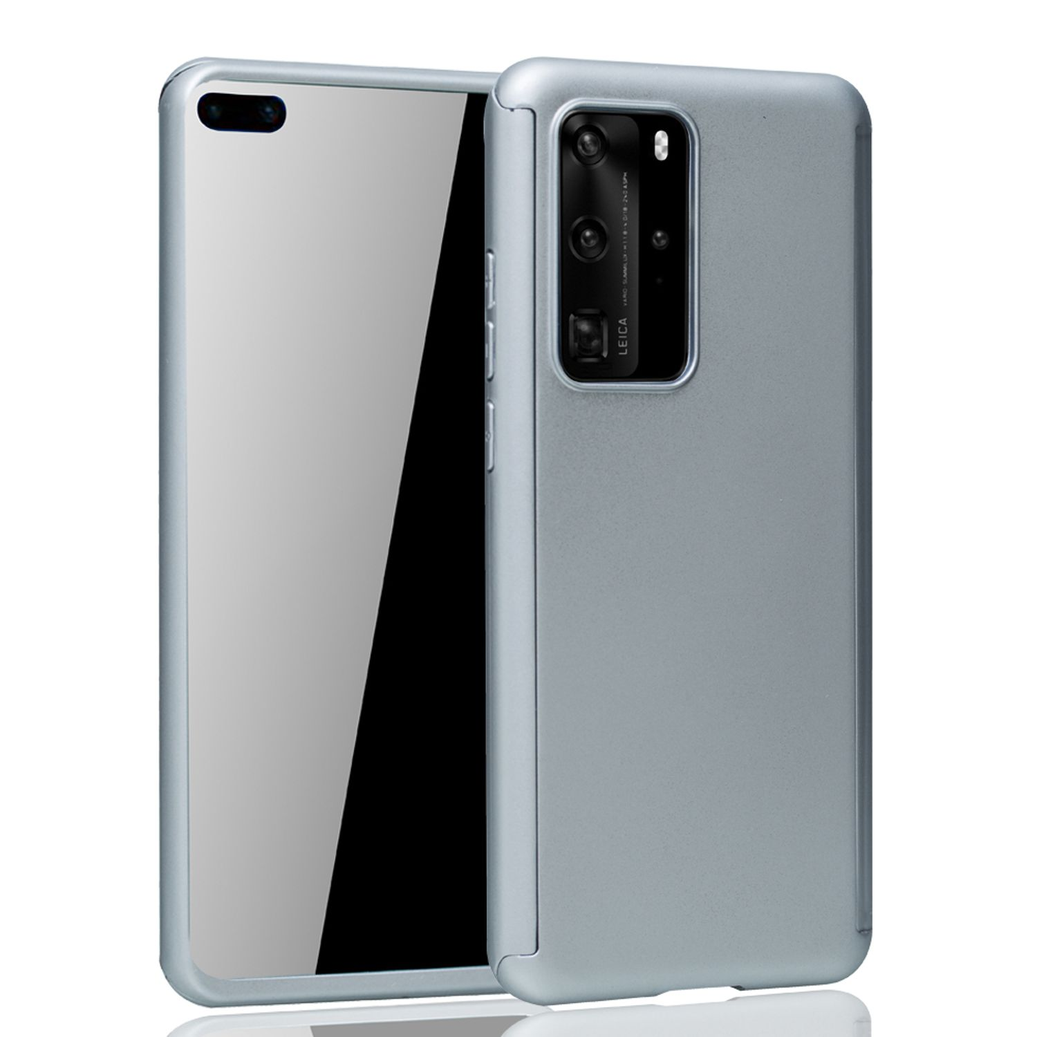 Silberne Handyhülle mit Telefon darin, weißer Hintergrund.