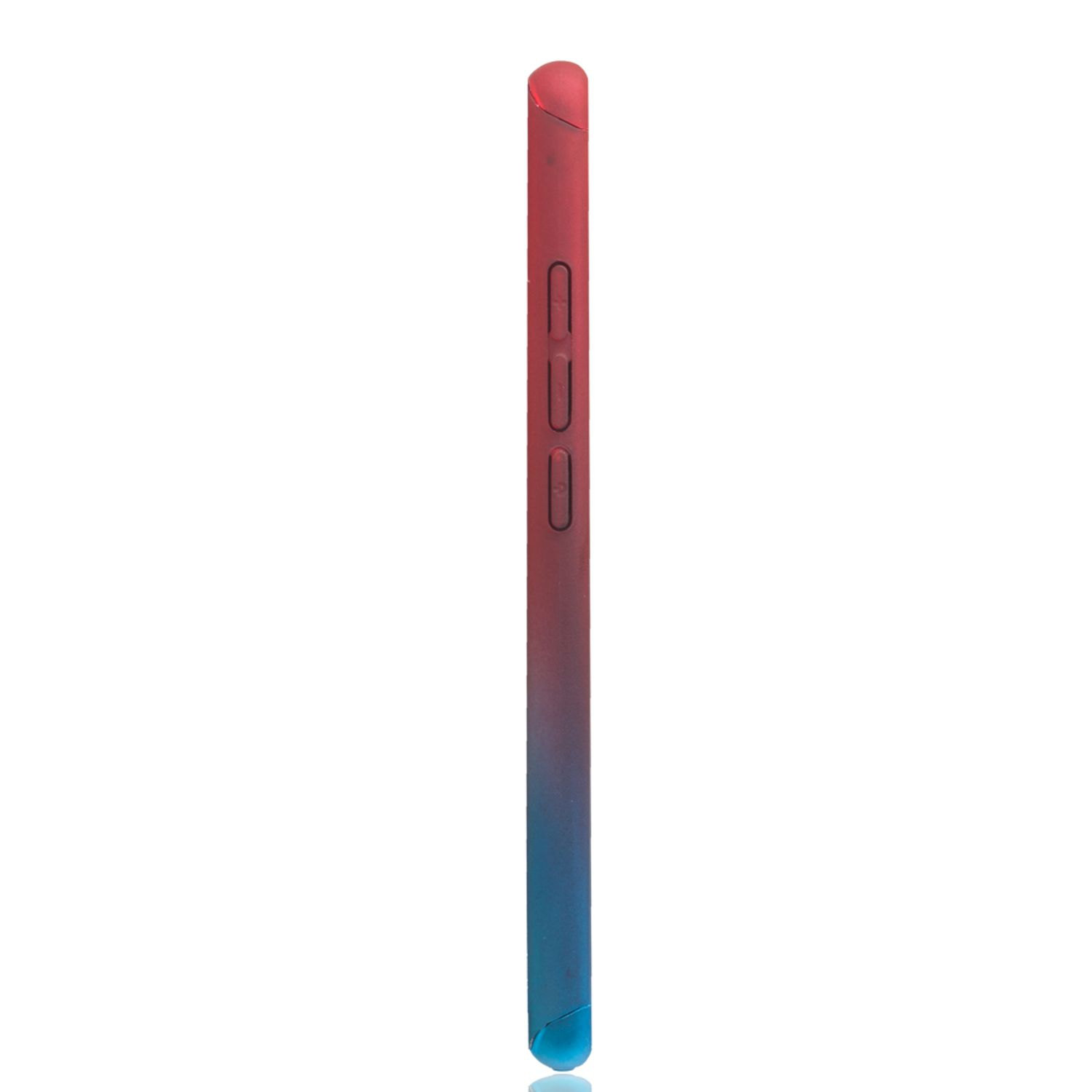 Seitenansicht eines zweifarbigen Telefons. Die Farbe verläuft von Rot nach Blau. Knöpfe sind sichtbar.