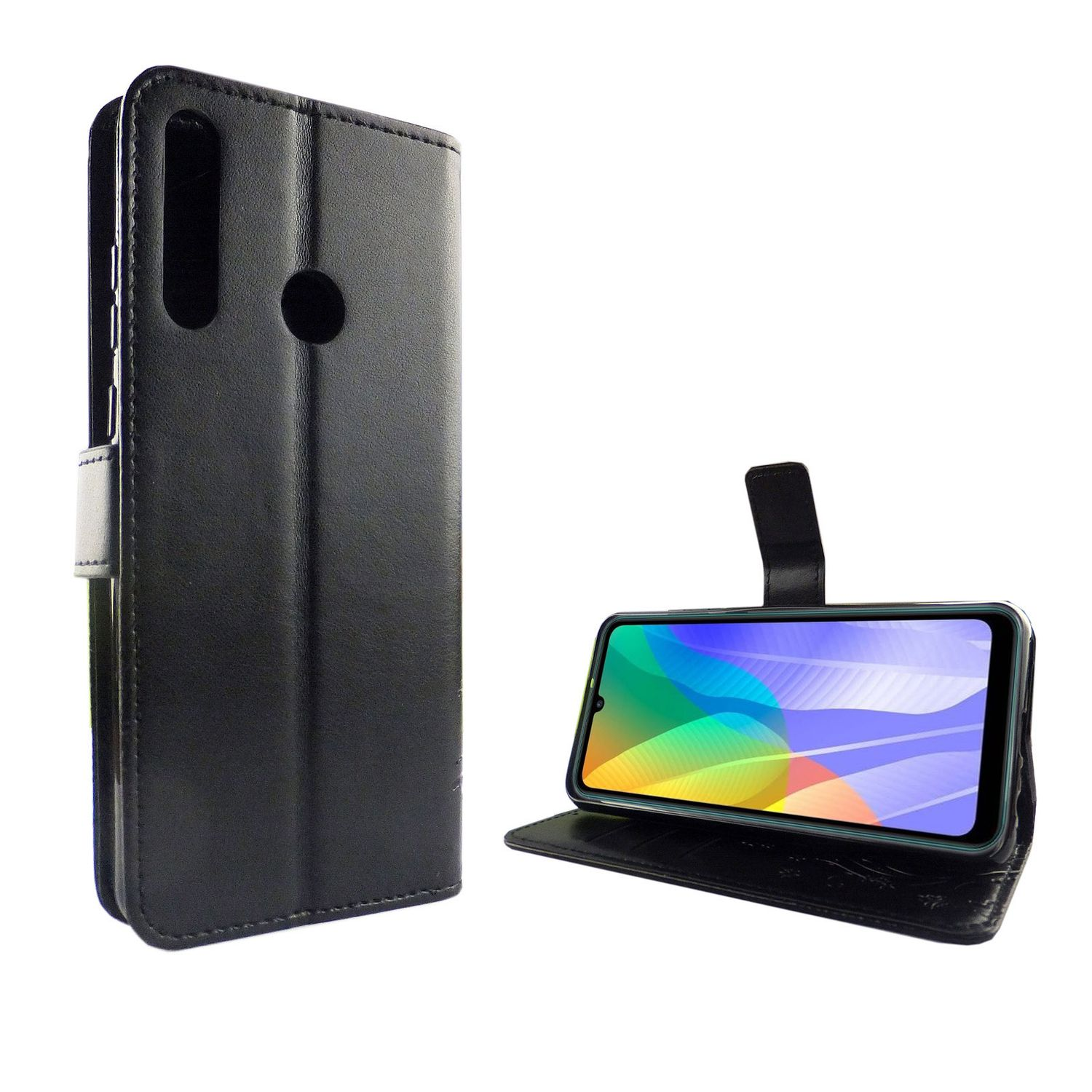 Schwarze Handyhülle mit geöffnetem Telefon auf weißem Hintergrund.