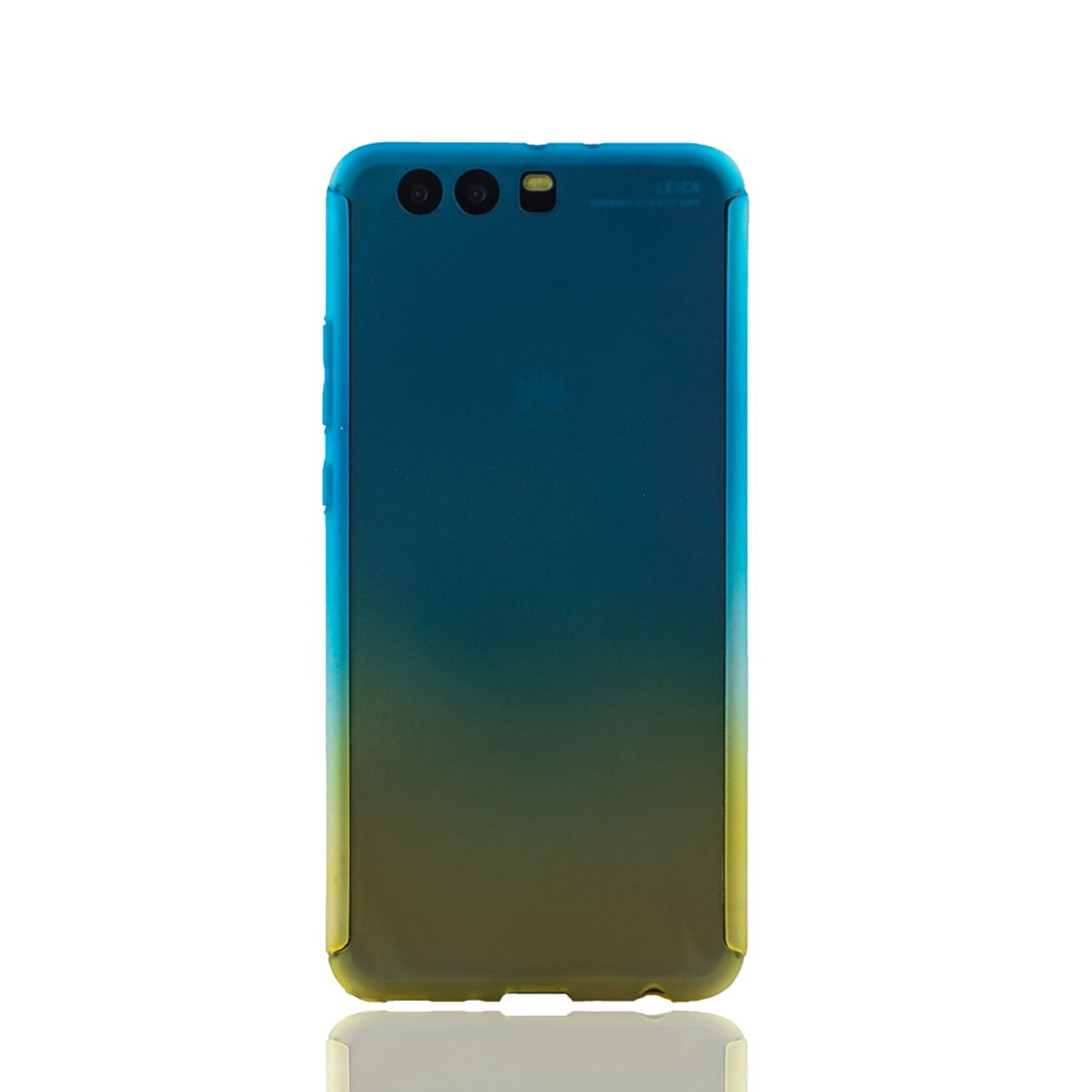Eine blau-gelbe Handyhülle auf weißem Hintergrund, mit Kamera.