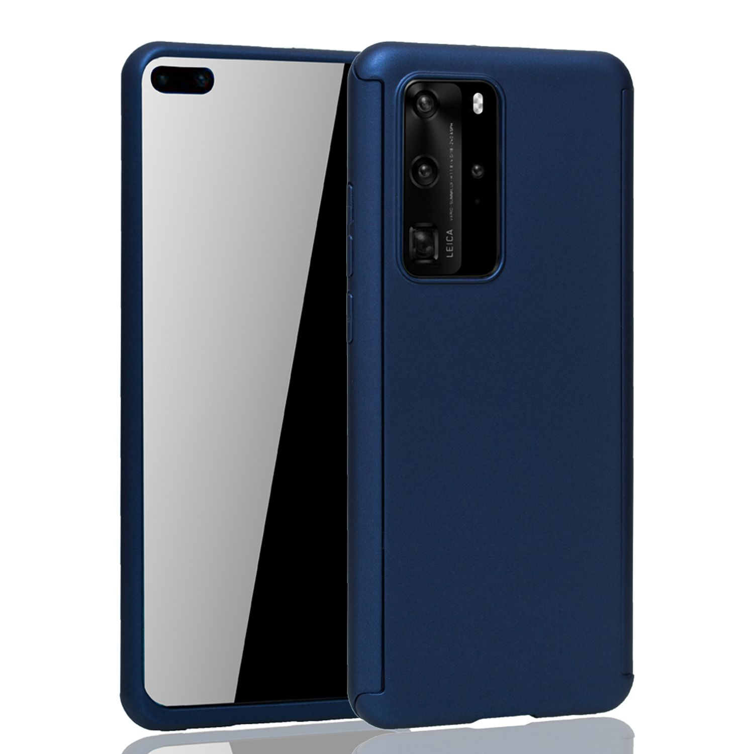 Blaue Handyhülle mit einem Telefon darin. Das Telefon hat einen schwarzen Bildschirm und zwei Kameras.