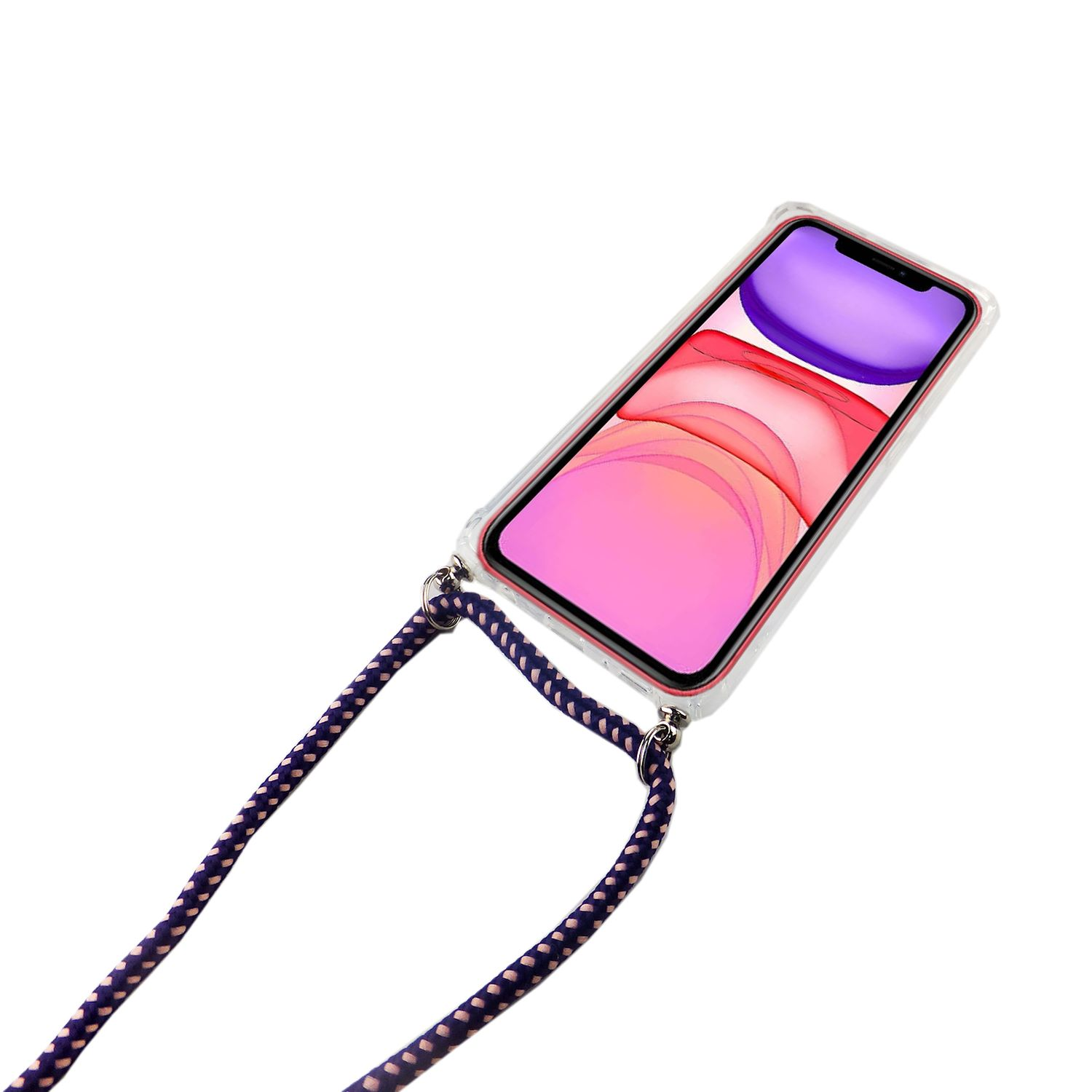 Klare Handyhülle mit Schlüsselband. Telefon ist im Case. Telefon hat pinken und lila Hintergrund.
