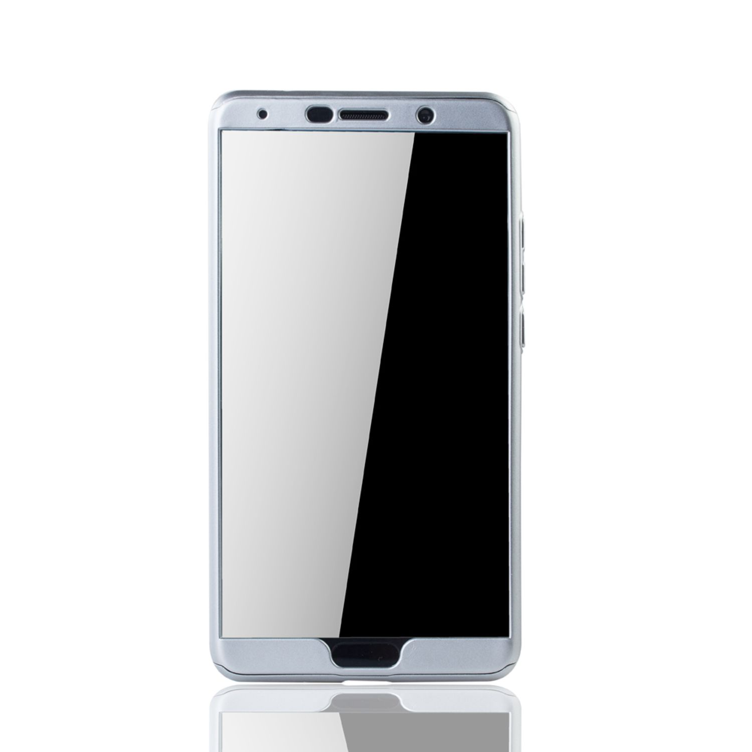 Silbernes Smartphone mit schwarzem Bildschirm auf weißem Hintergrund. Reflektierende Oberfläche sichtbar. Der Bildschirm ist aus.
