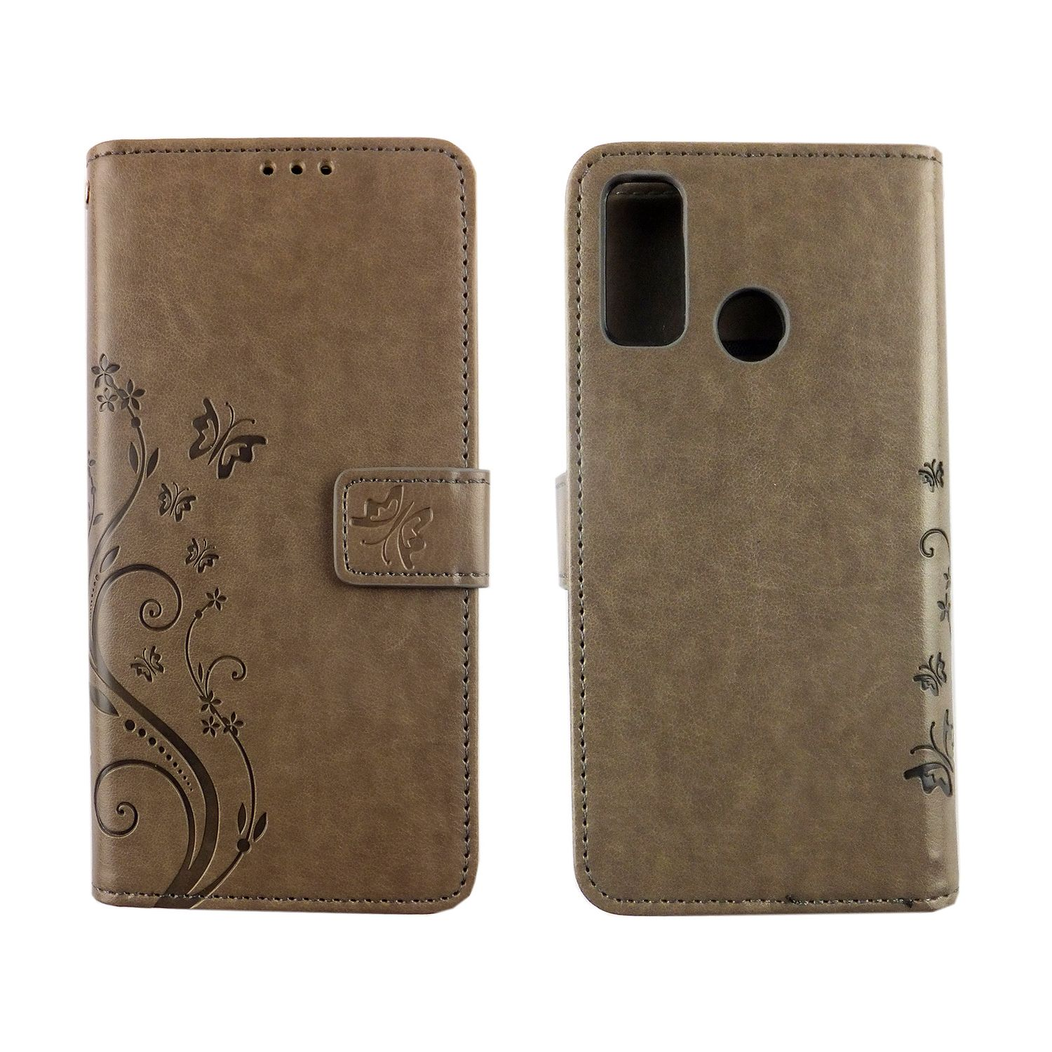 Eine braune Handyhülle, geöffnet, mit einem Telefon darin. Sie hat ein Blumendesign.