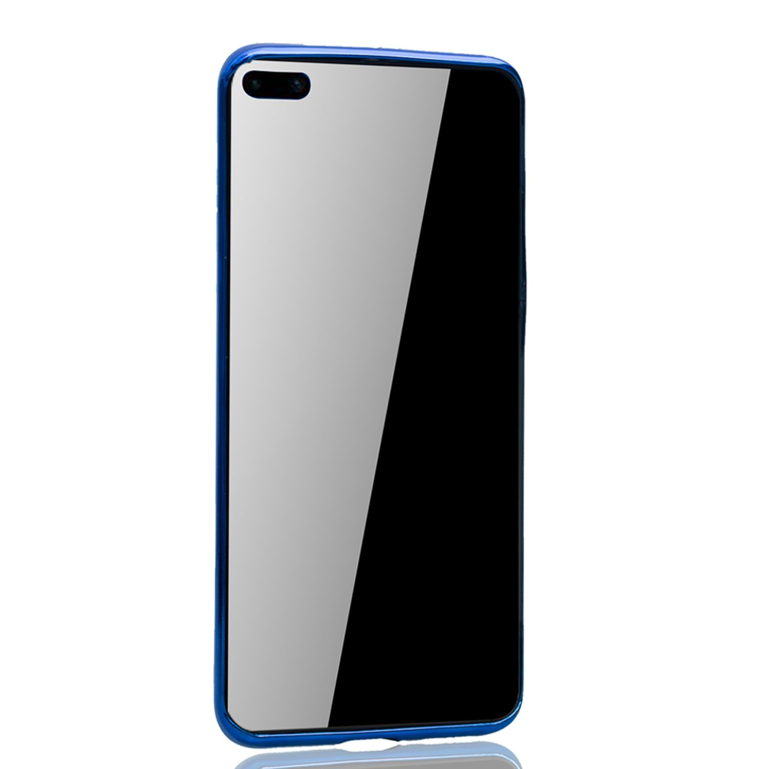 Blauer Telefonrahmen. Der Bildschirm ist schwarz und hat eine klare Schutzfolie.
