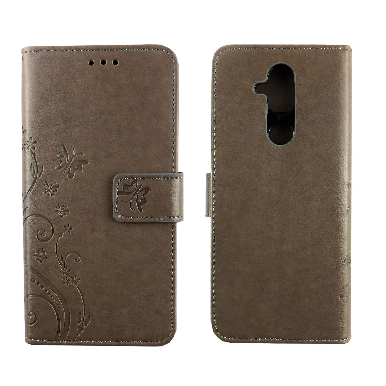 Eine braune Handyhülle mit einem Design. Das Telefon ist offen und der Bildschirm ist sichtbar.