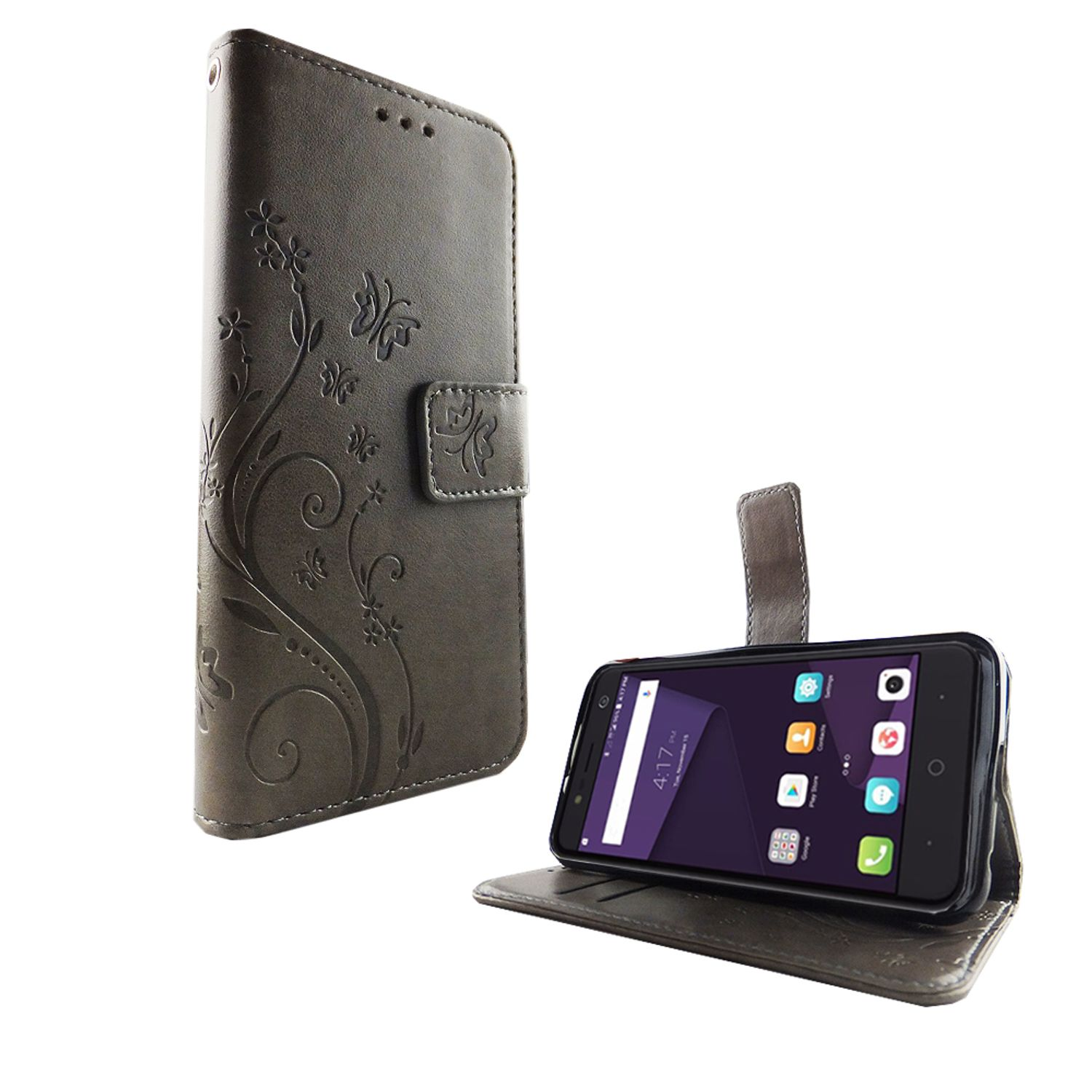 Dunkelbraune Handyhülle mit Schmetterlingsdesign. Das Telefon ist offen.