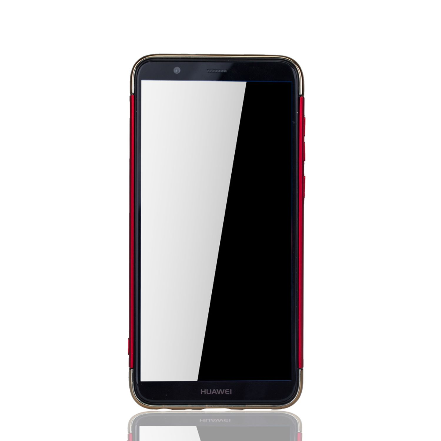 Telefon in roter und goldener Hülle, nach vorne gerichtet. Der Bildschirm ist schwarz, Reflexion sichtbar.