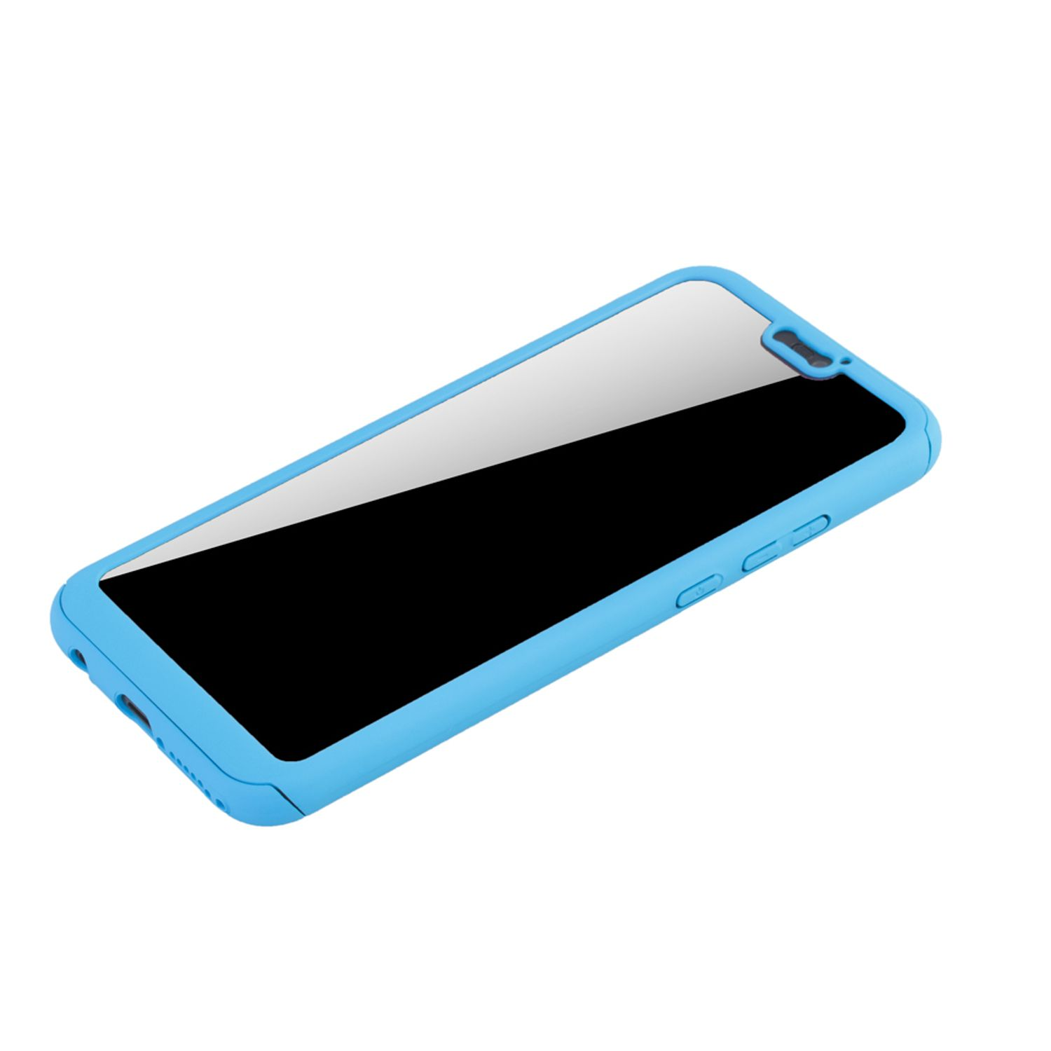 Blaue Handyhülle, schräge Ansicht. Schwarzer Bildschirm. Weißer Hintergrund.