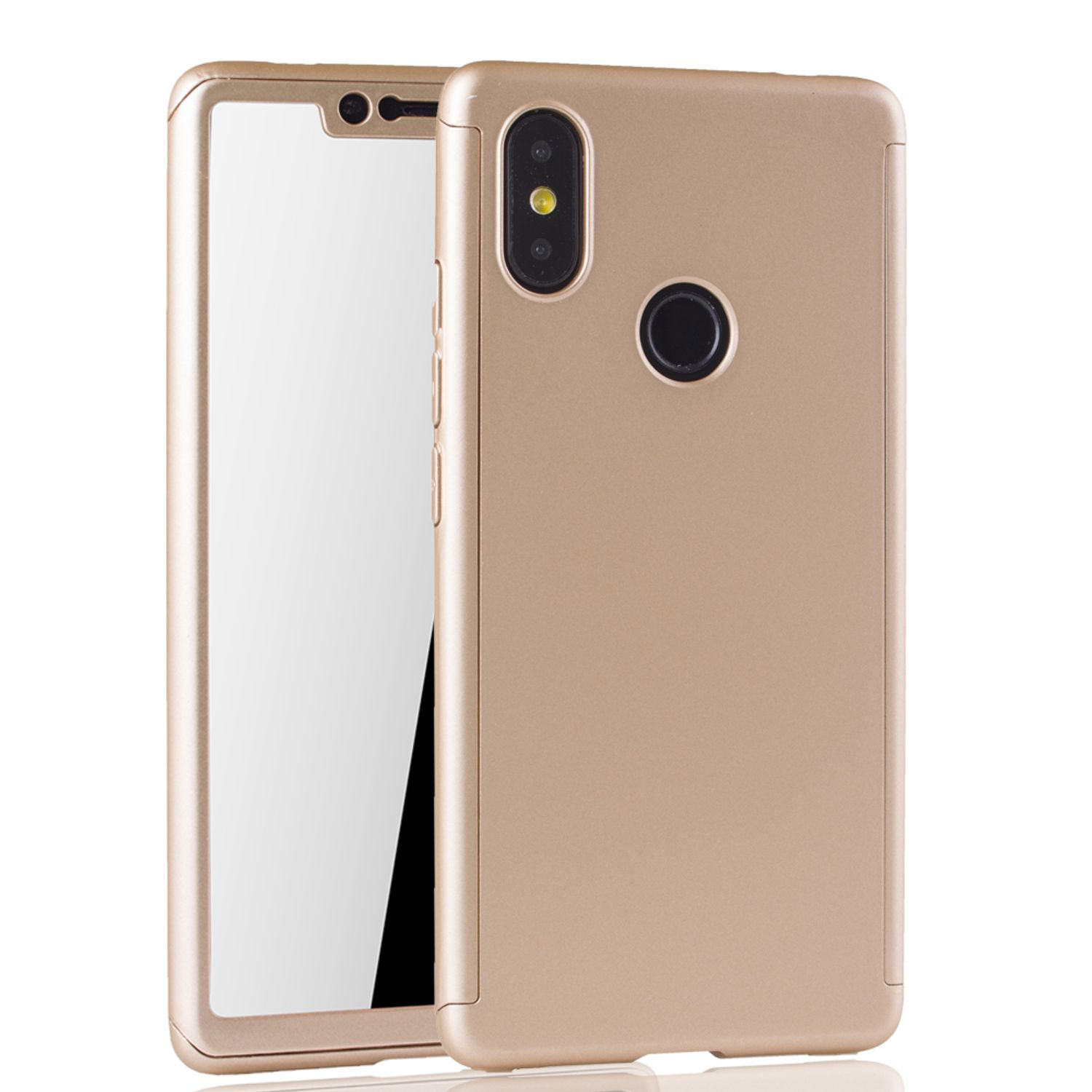 Goldene Handyhülle mit Telefon darin. Dualkamera und Blitz. Weißer Hintergrund. Knöpfe sind sichtbar.