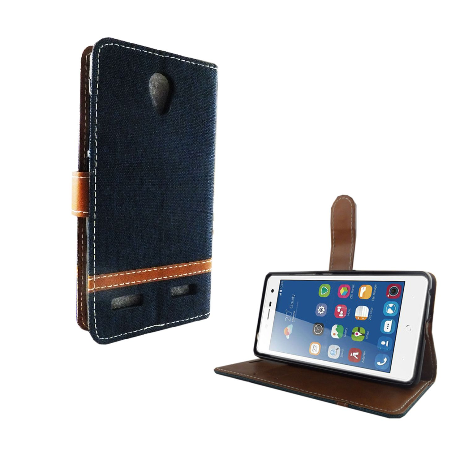 Telefon in einer Brieftaschenhülle, geöffnet. Die Hülle ist dunkelblau mit braunen Akzenten.