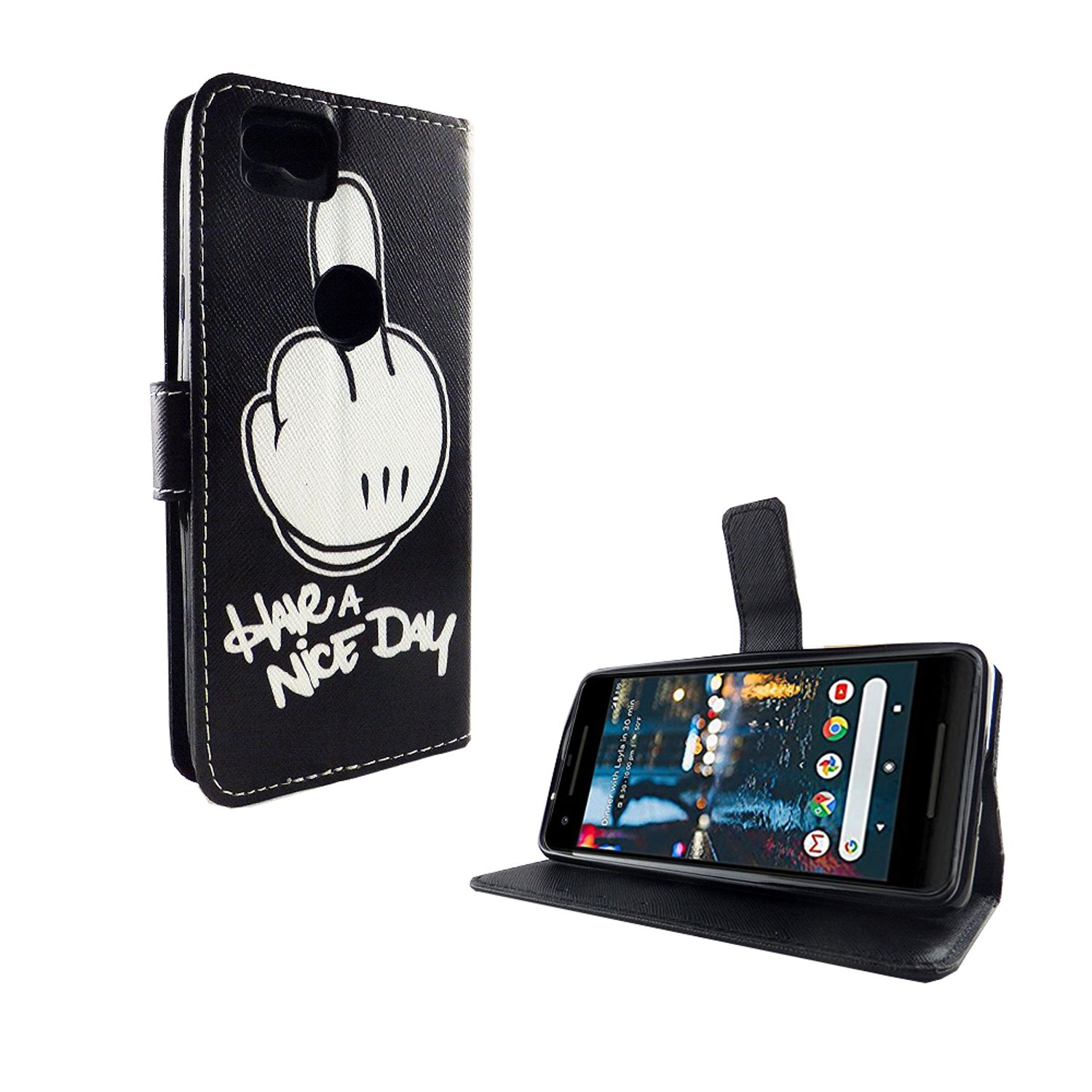 Schwarze Handyhülle mit weißem handgezeichneten Finger. Telefon ist im Etui.