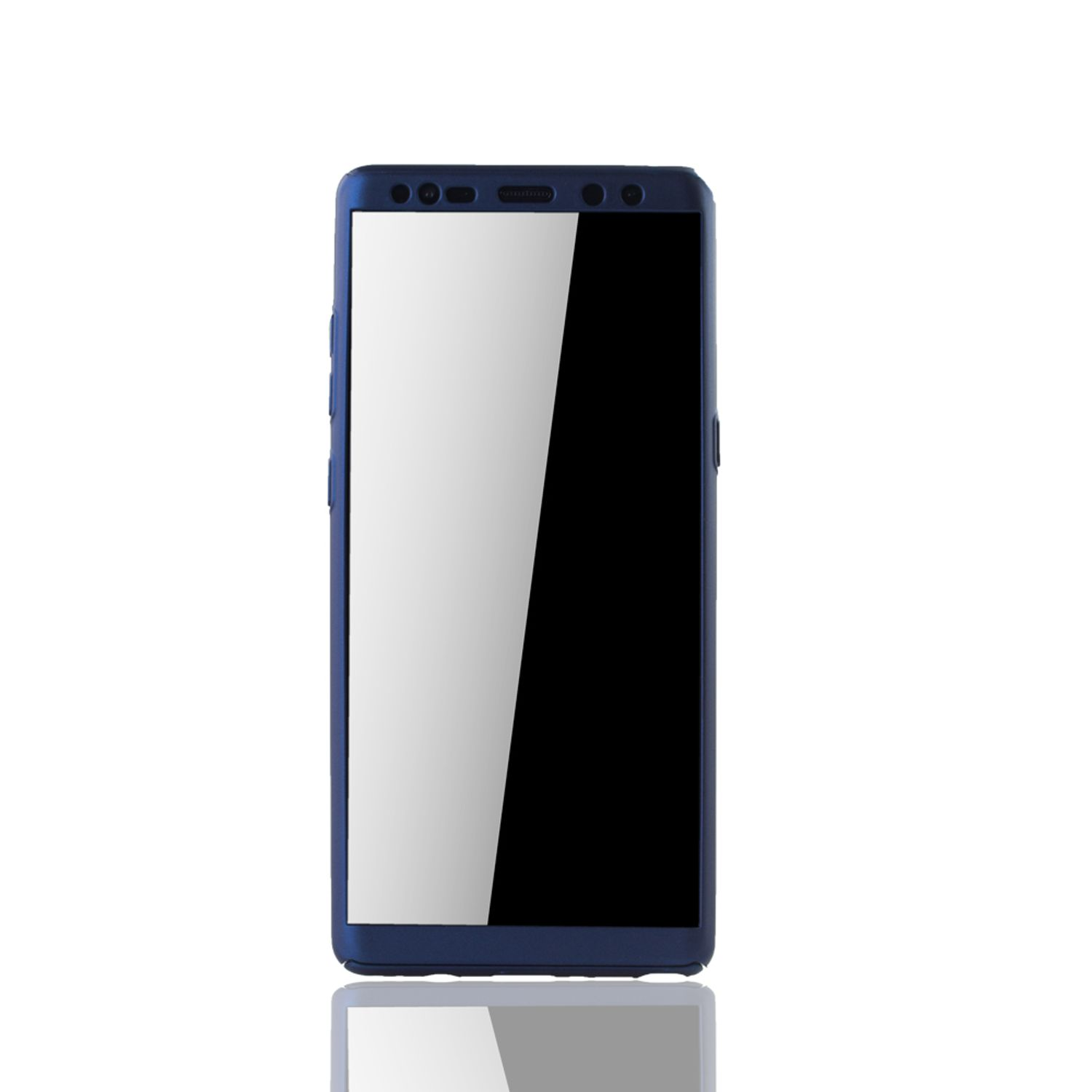 Blaues Telefon mit weißem Bildschirm auf weißer Oberfläche.
