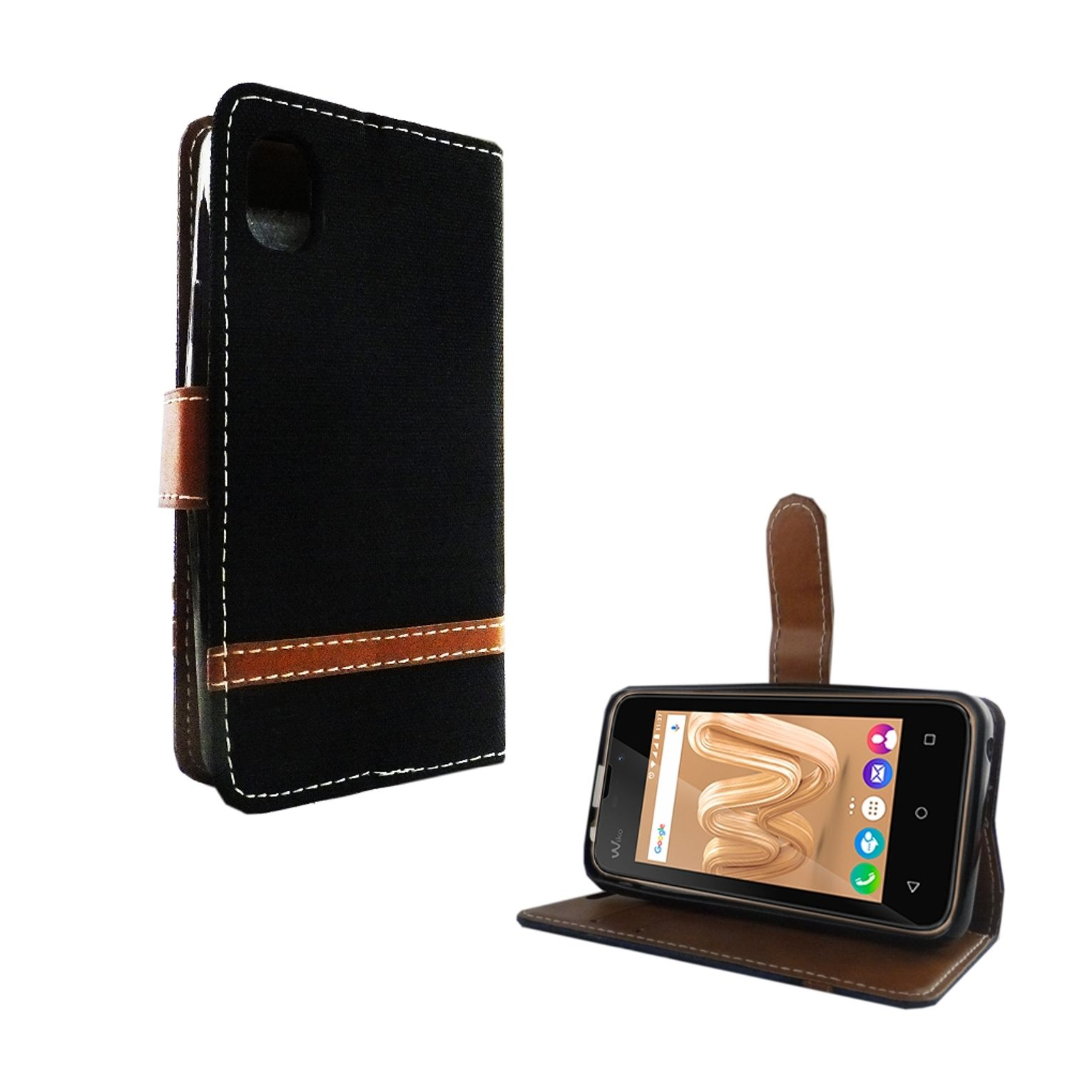 Handyhülle, schwarz und braun, offen und geschlossen. Telefon mit eingeschaltetem Bildschirm.