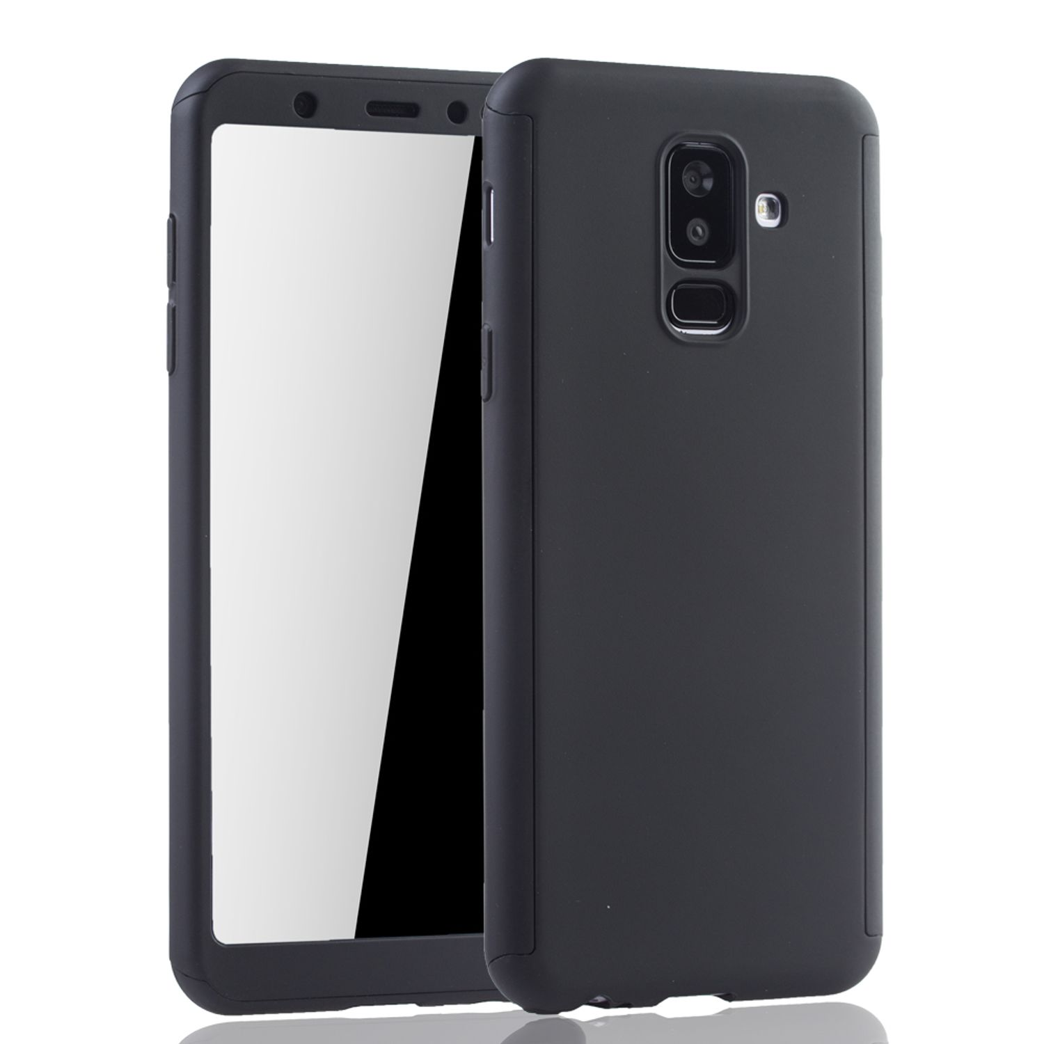 Schwarze Handyhülle mit Telefon darin. Weißer Hintergrund.