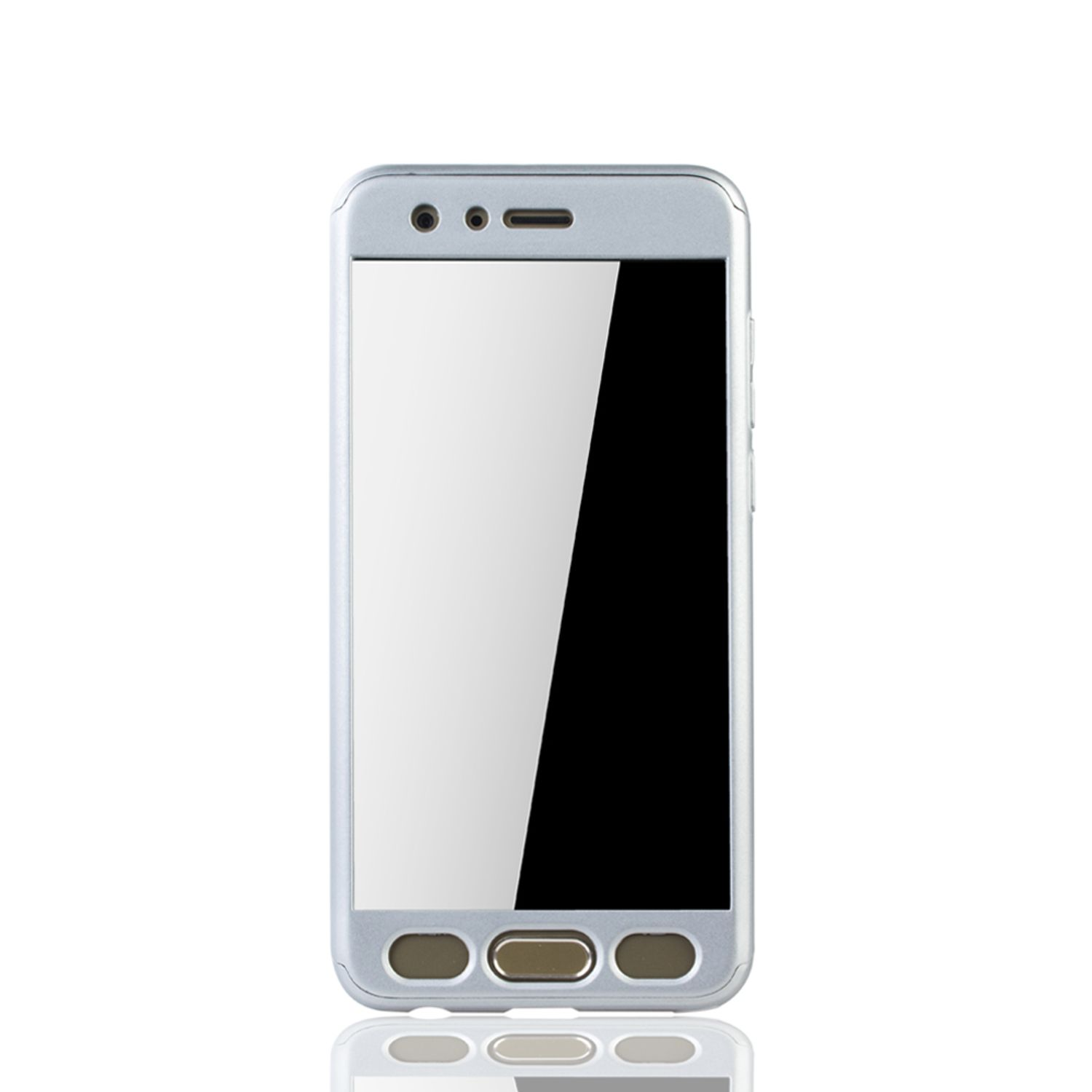 Silbernes Telefon mit schwarzem Bildschirm. Es hat eine rechteckige Form. Reflektierende Oberfläche unten.