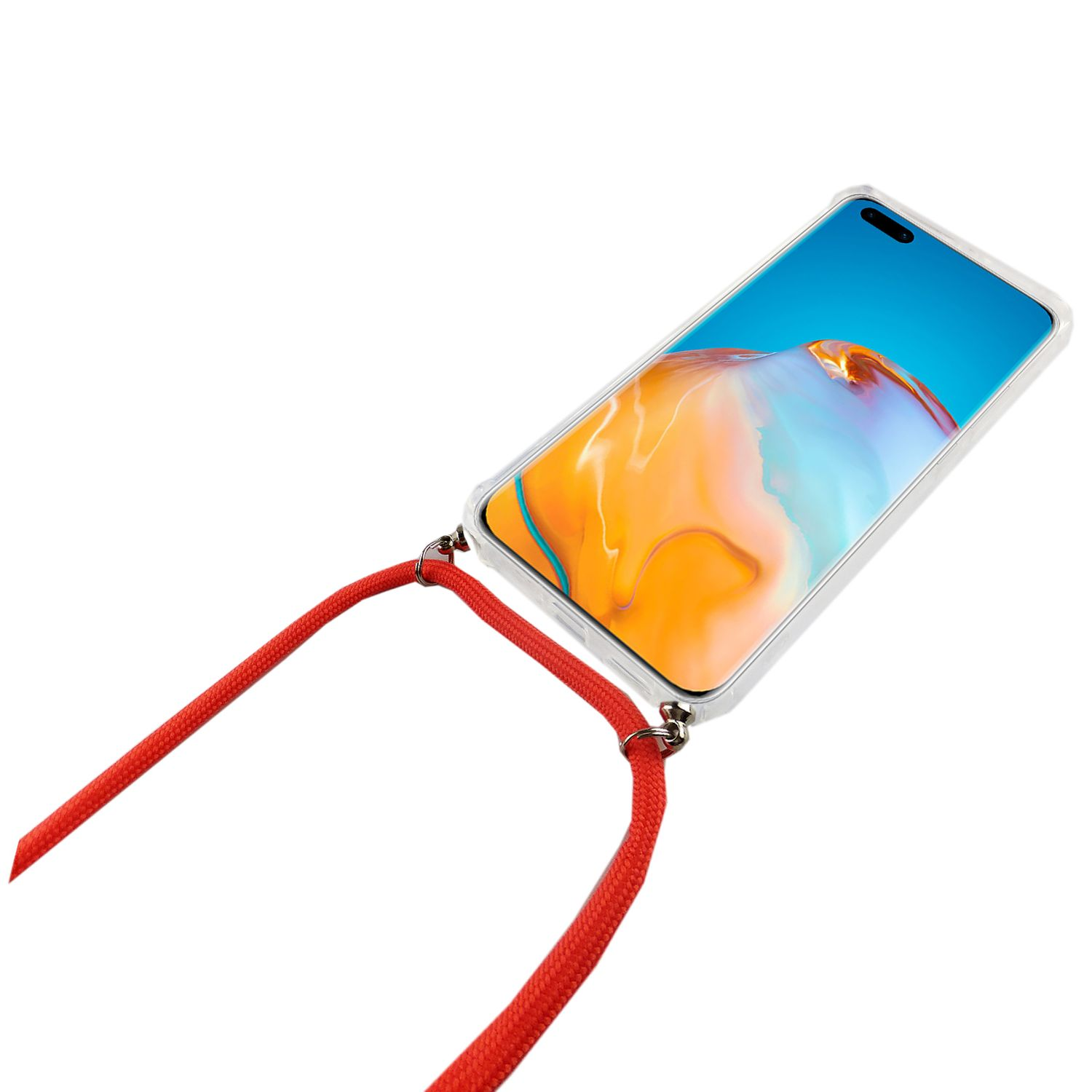 Ein Telefon in einer transparenten Hülle mit rotem Band. Das Band ist um das Telefon. Weißer Hintergrund.