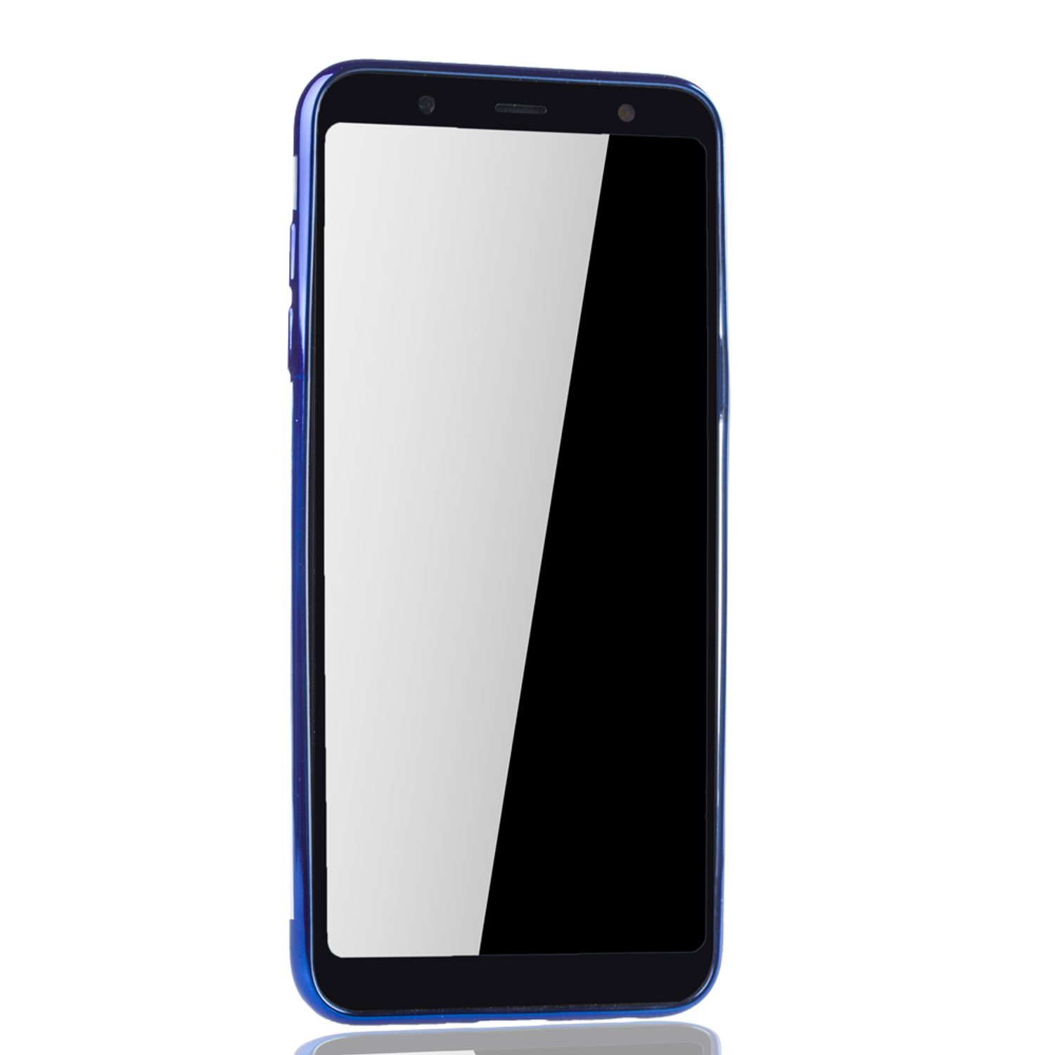Blaue Handyhülle. Telefon im Inneren. Weißer Bildschirm.