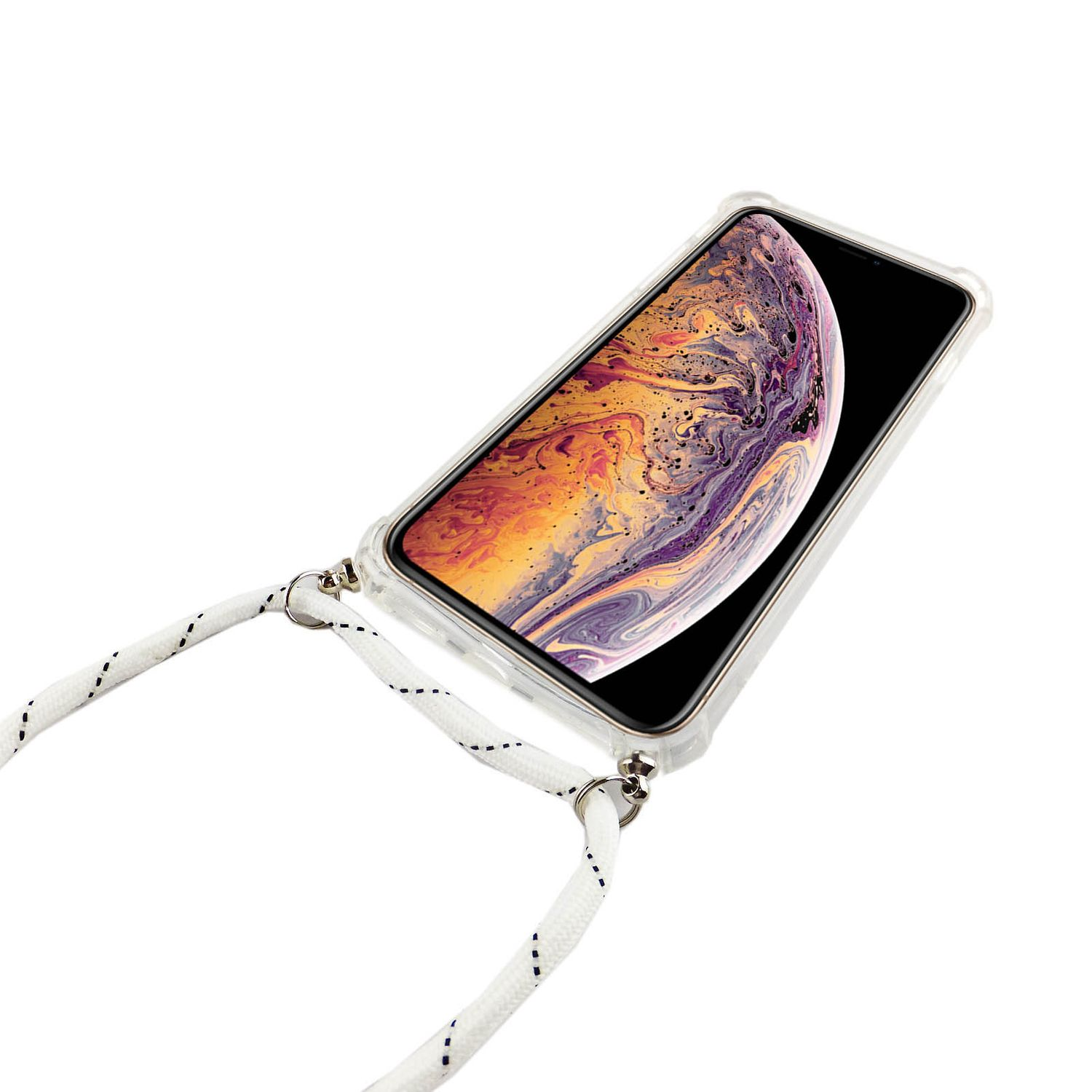 Ein Telefon mit einem Riemen. Das Telefon befindet sich in einer transparenten Hülle mit einem weiß-schwarzen Riemen.