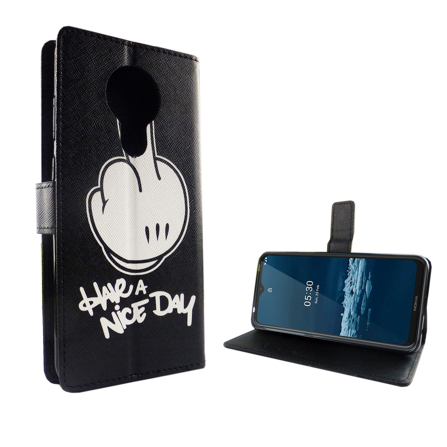 Schwarze Handyhülle mit Mittelfinger und Text. Telefon darin. Weißer Hintergrund.