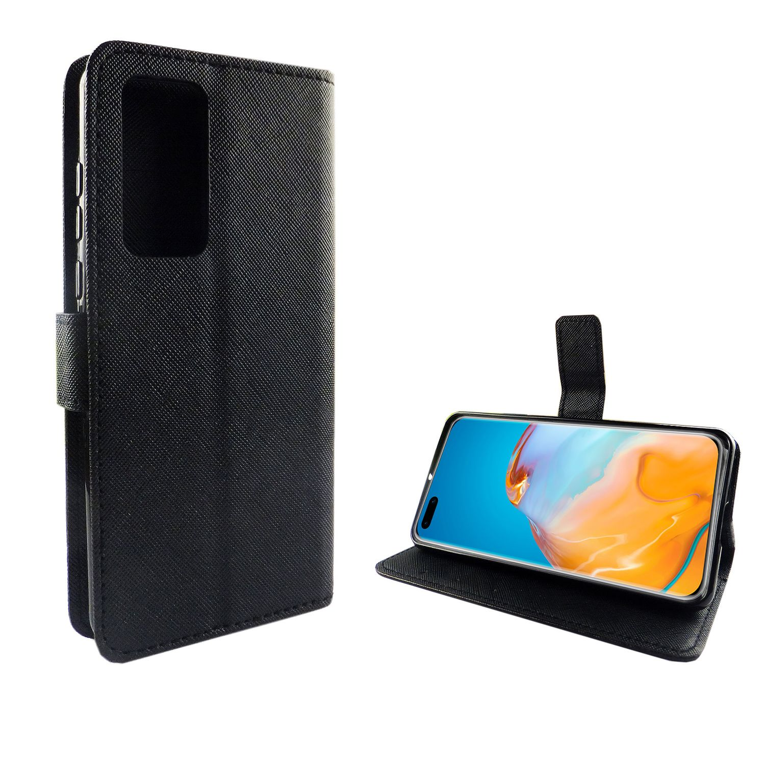 Schwarze Leder-Handyhülle, offen, mit Telefon darin. Weißer Hintergrund.