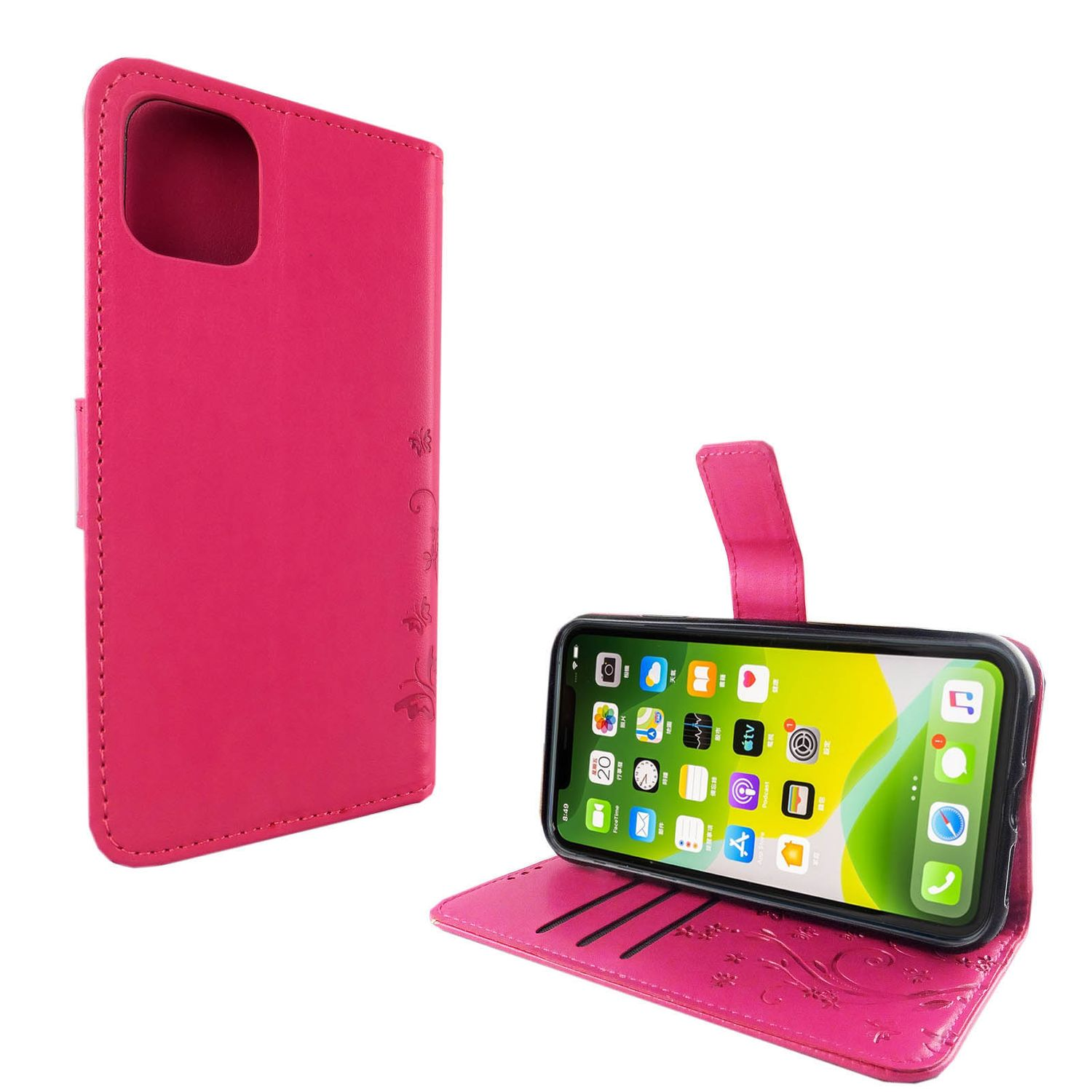Rosa Handyhülle, offen, zeigt Telefon. Weißer Hintergrund.