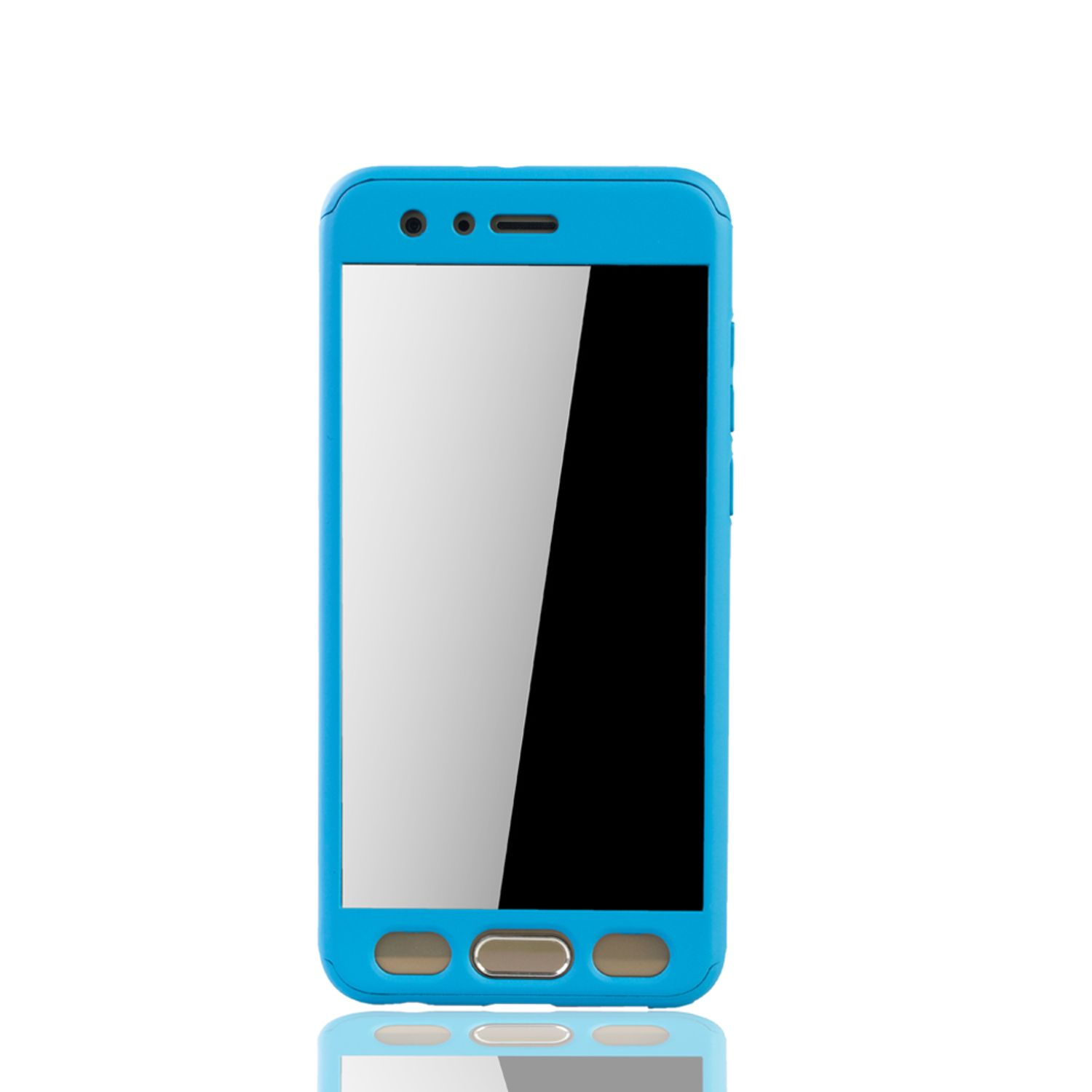 Ein blaues Telefon auf weißem Untergrund. Der Bildschirm des Telefons ist schwarz. Das Gehäuse des Telefons ist blau.