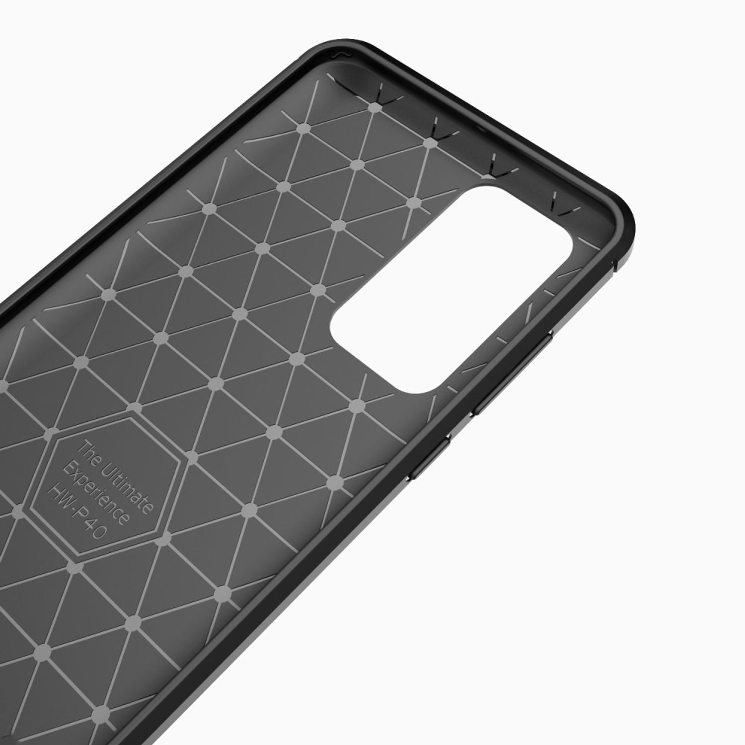 Innenseite der Handyhülle mit strukturiertem, geometrischem Muster. Es hat einen rechteckigen Ausschnitt für die Kamera.