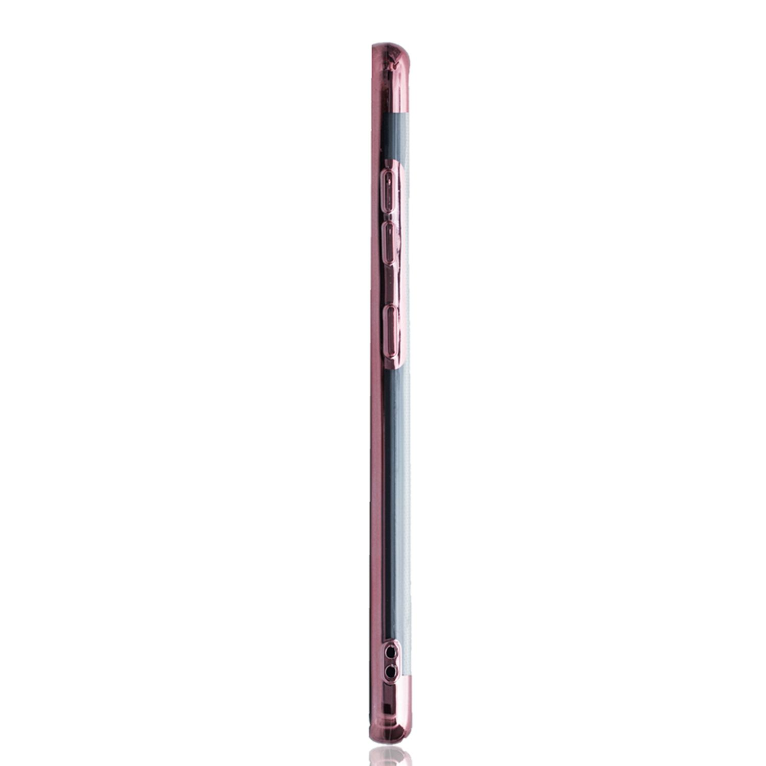Ein roségoldenes Telefon. Die Seite des Telefons mit Tasten wird gezeigt. Weißer Hintergrund.