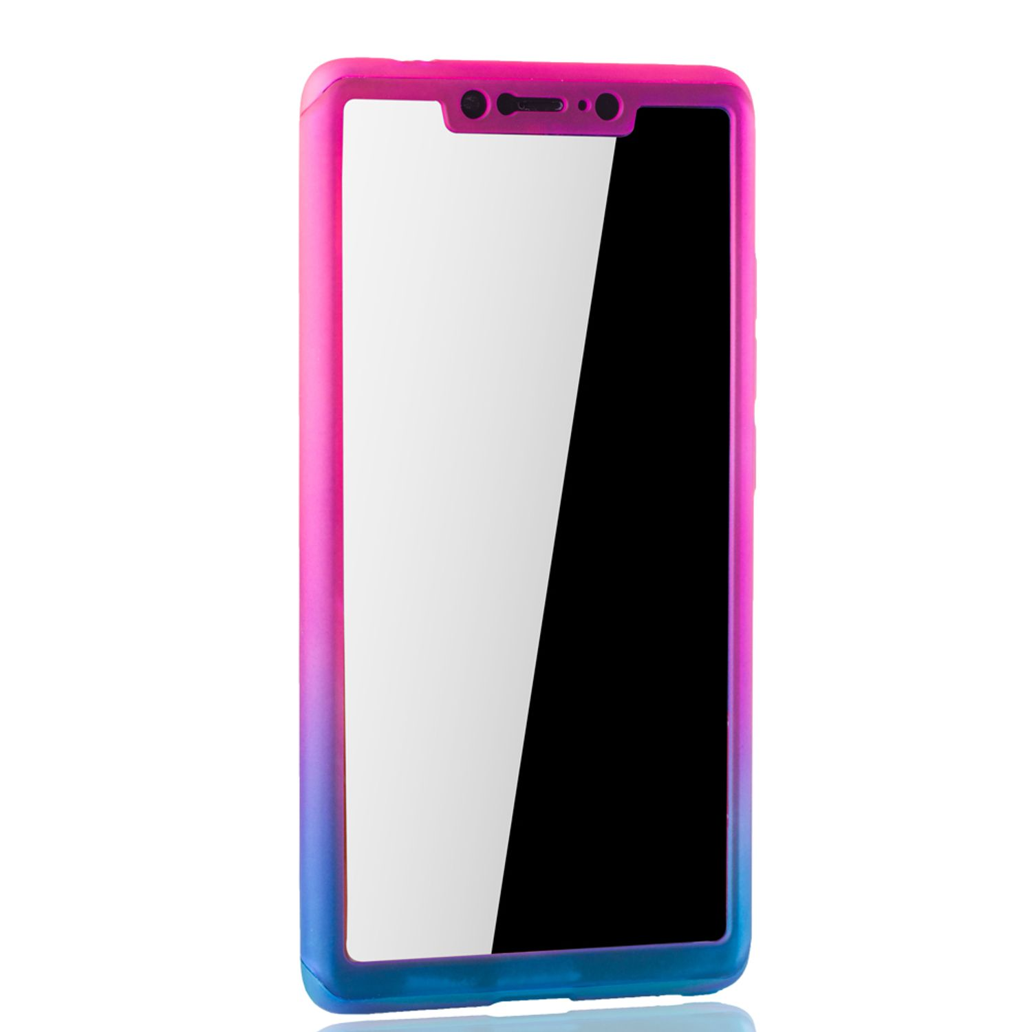 Handyhülle mit rosa-blauem Farbverlauf. Der Telefonbildschirm ist schwarz und leer.