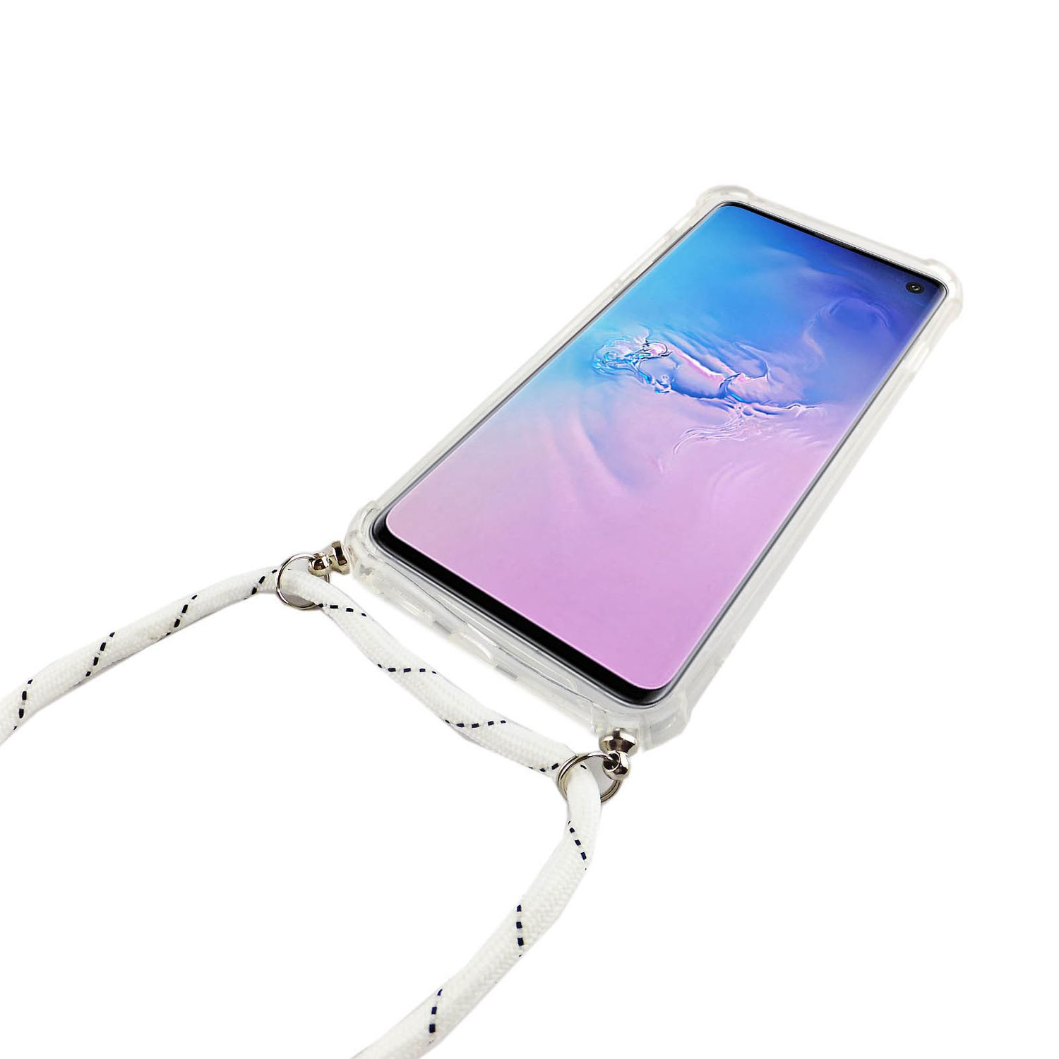 Ein Telefon mit einer durchsichtigen Hülle und einem weißen Kabel. Der Hintergrund ist schlicht weiß.