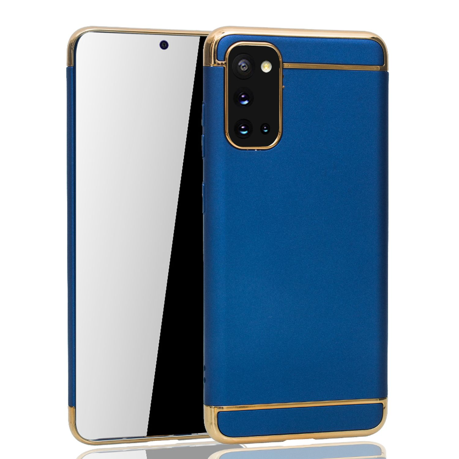 Blaue Handyhülle mit goldenem Besatz und ein Telefon daneben. Weißer Hintergrund.