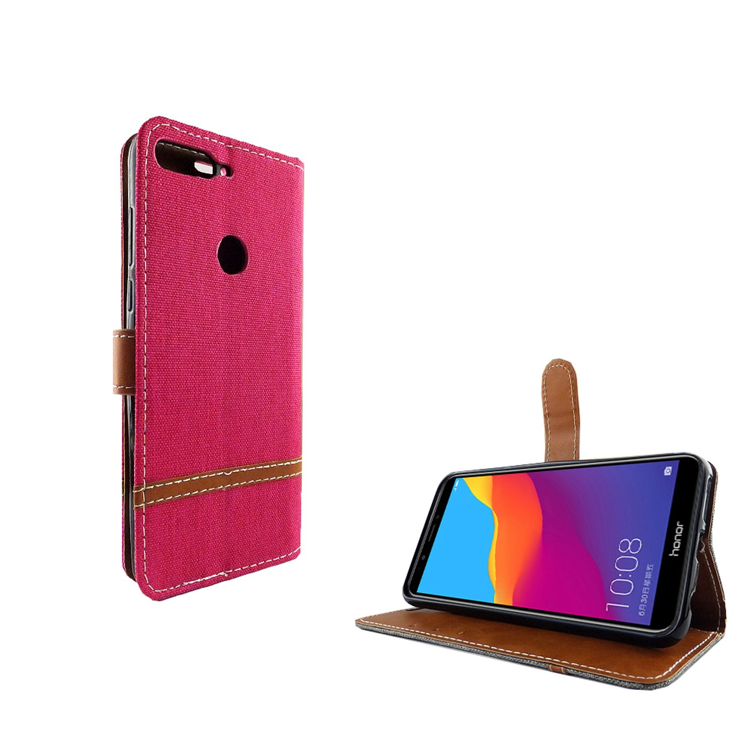 Rosa Handyhülle, offen, mit Telefon. Telefon zeigt Datum und Uhrzeit an.