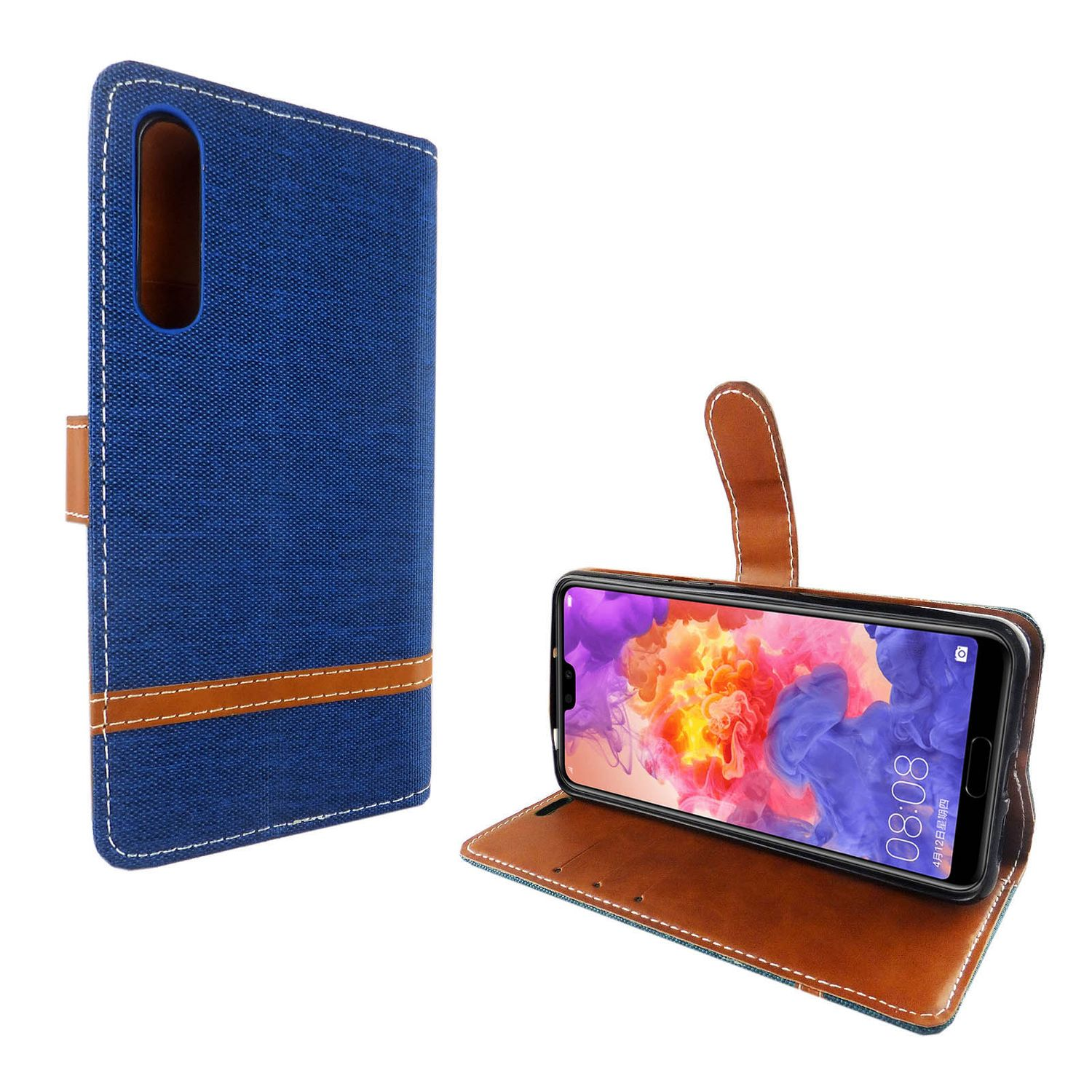 Blaue Handyhülle mit braunem Streifen und einem Telefon rechts.