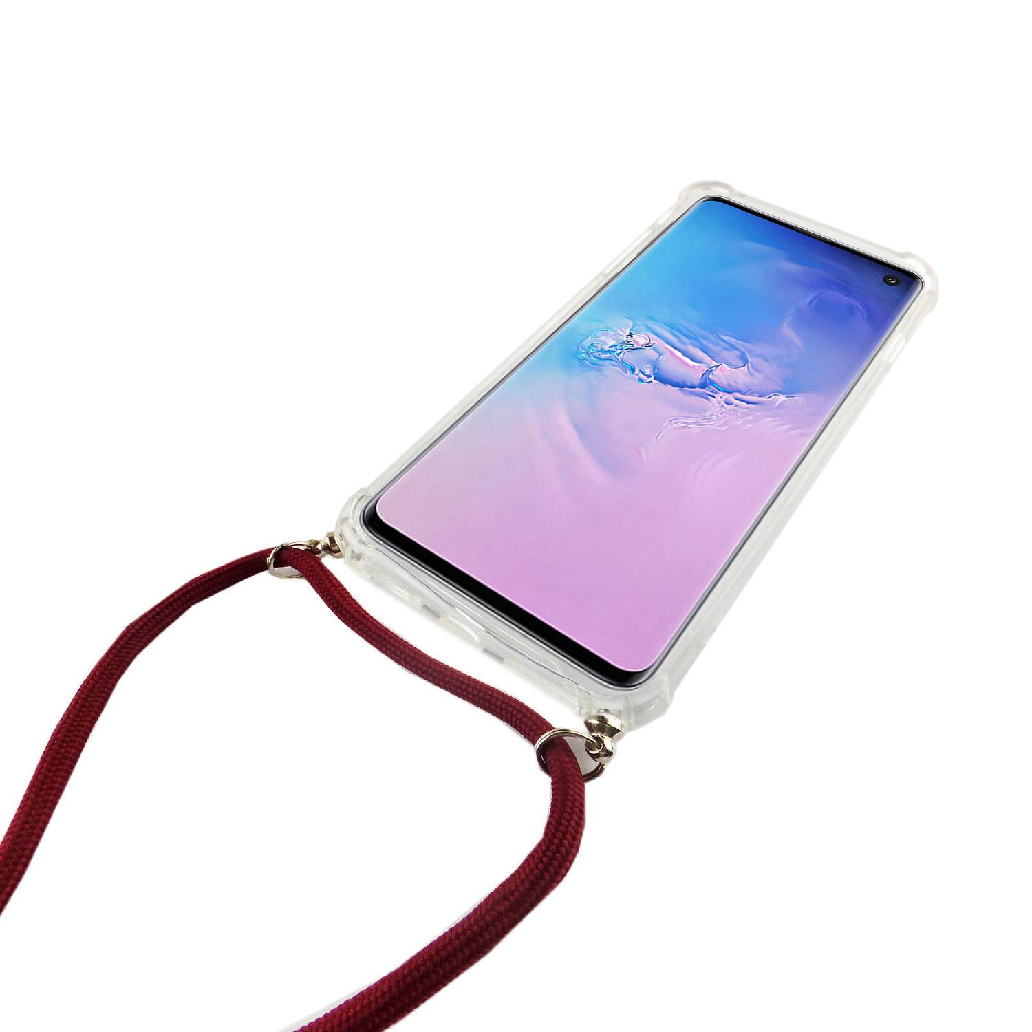 Ein Telefon mit klarer Hülle, roter Kordel. Das Telefon ist schräg, weisser Hintergrund.