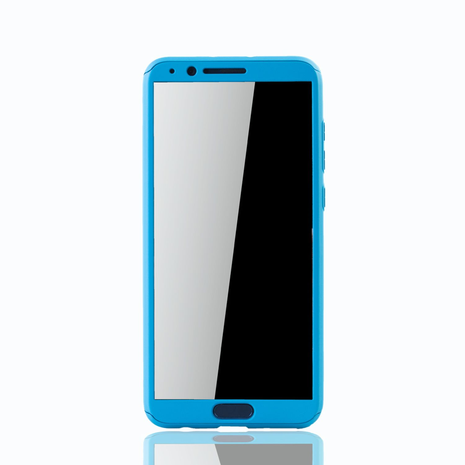 Blaues Telefon mit weißem Bildschirm, auf weißem Hintergrund.
