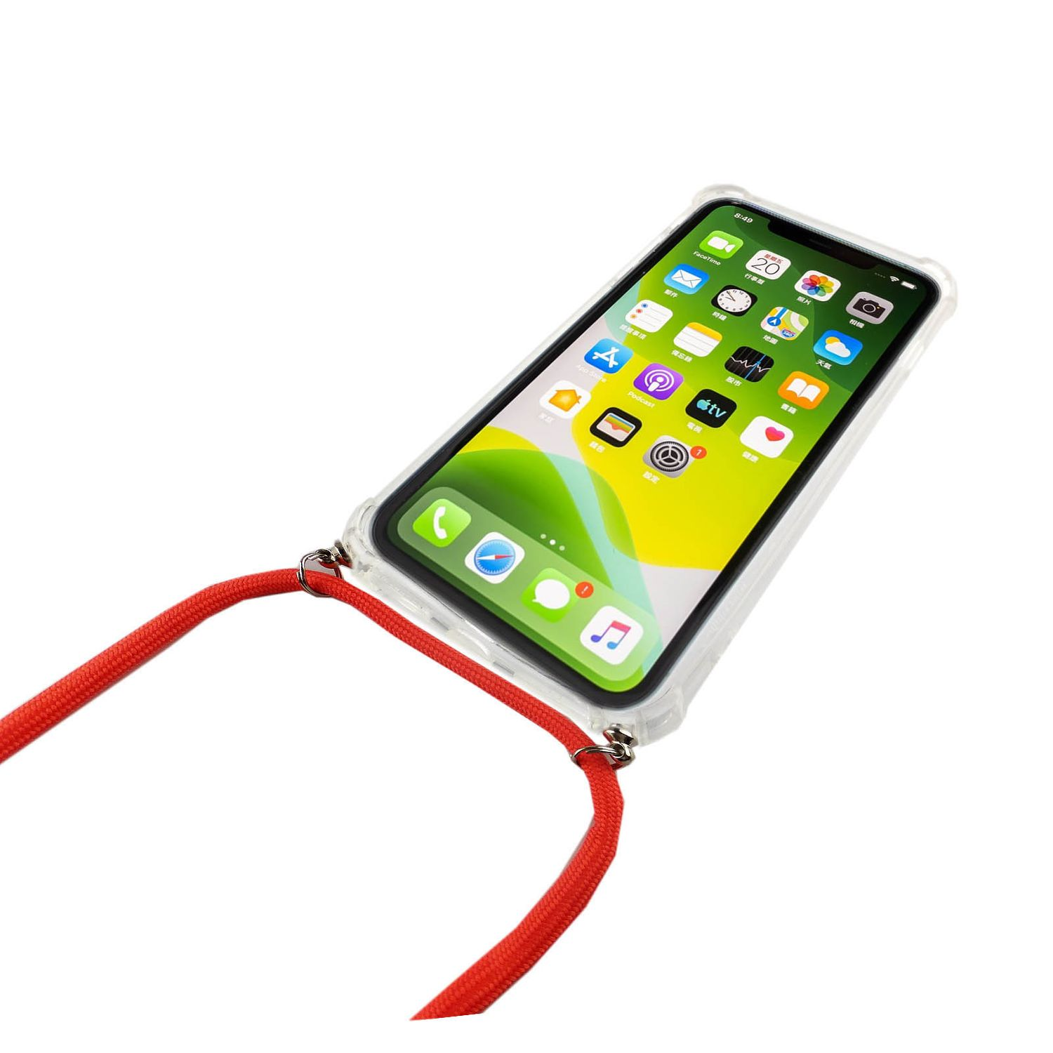 iPhone mit durchsichtiger Hülle und rotem Umhängeband. iPhone zeigt App-Symbole auf grün-weißem Hintergrund.