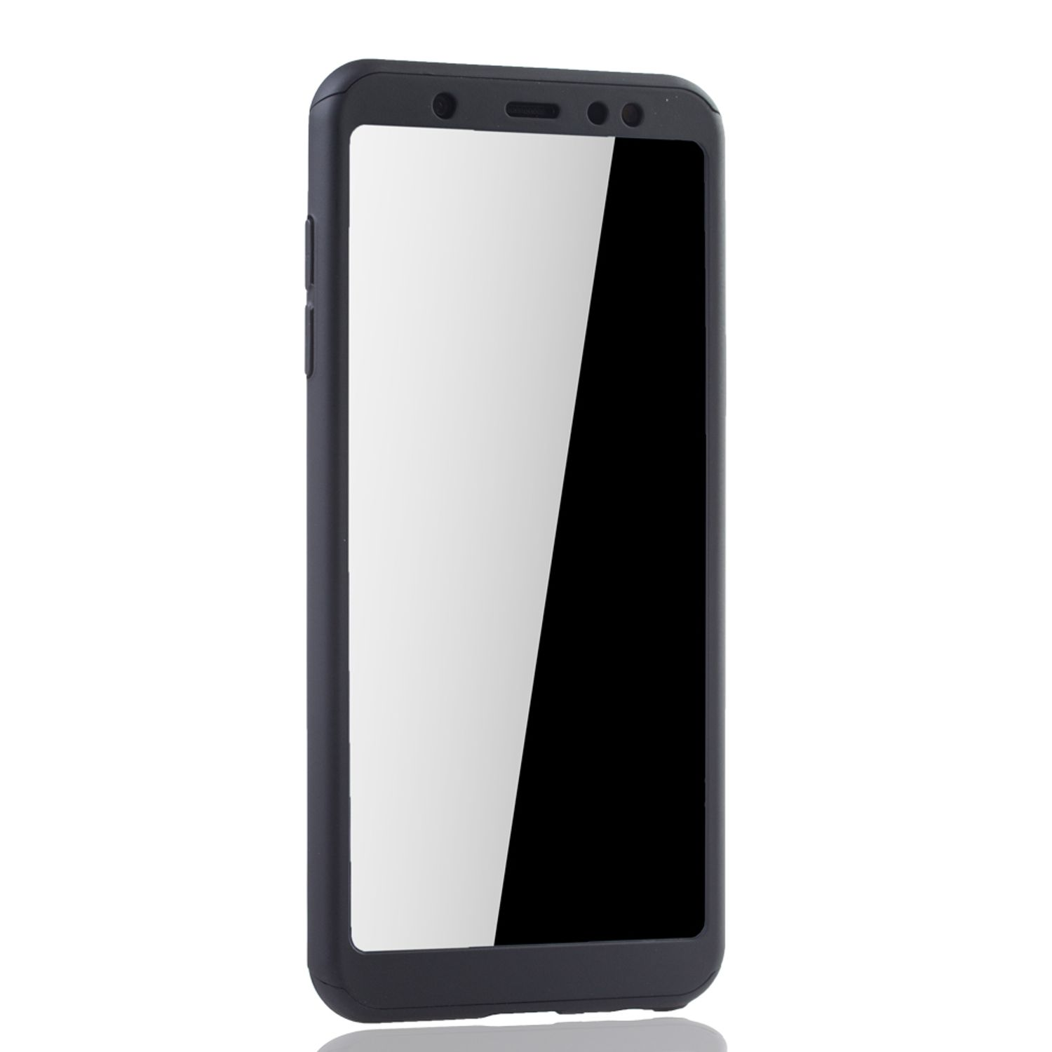 Schwarzes Telefon im Etui. Vorderansicht. Weißer Bildschirm. Weißer Hintergrund.