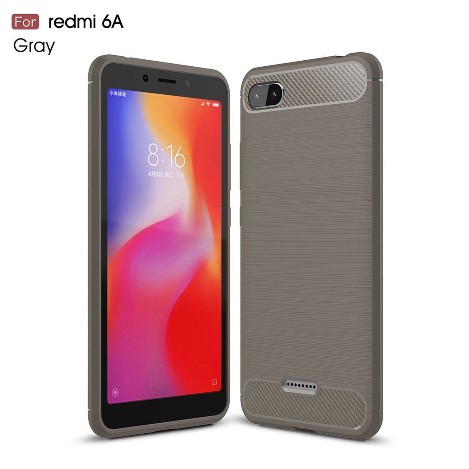 Graue Handyhülle mit Telefon darin. Text: Für Redmi 6A Grau in der oberen linken Ecke.
