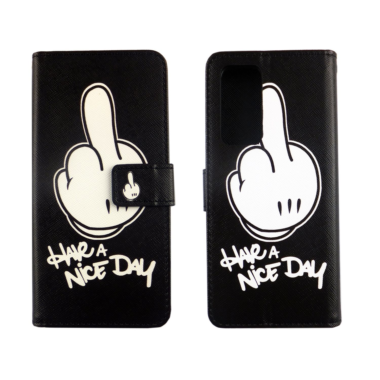 Schwarze Handyhülle mit Mittelfinger und Text 'Have a nice day'.