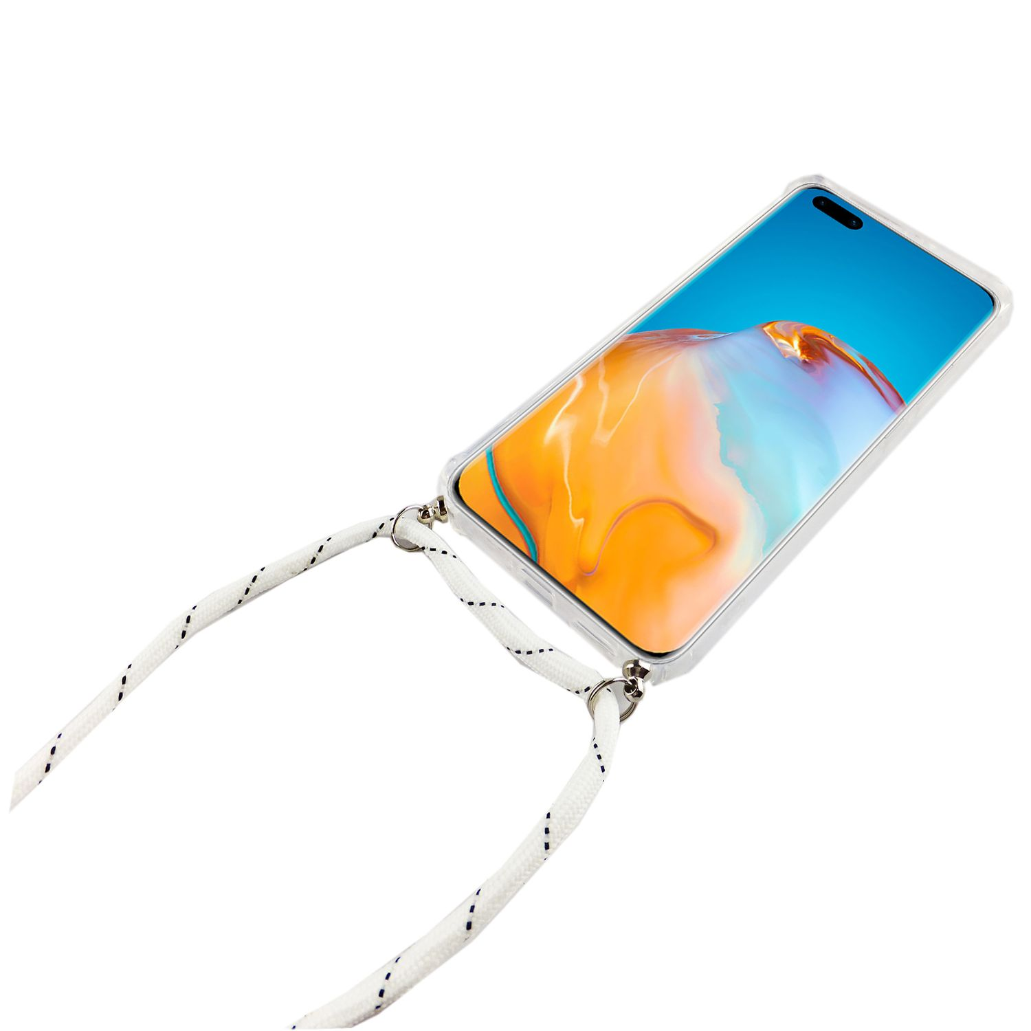 Ein Telefon mit weißem Gurt hängt. Das Telefon zeigt ein farbenfrohes Hintergrundbild.