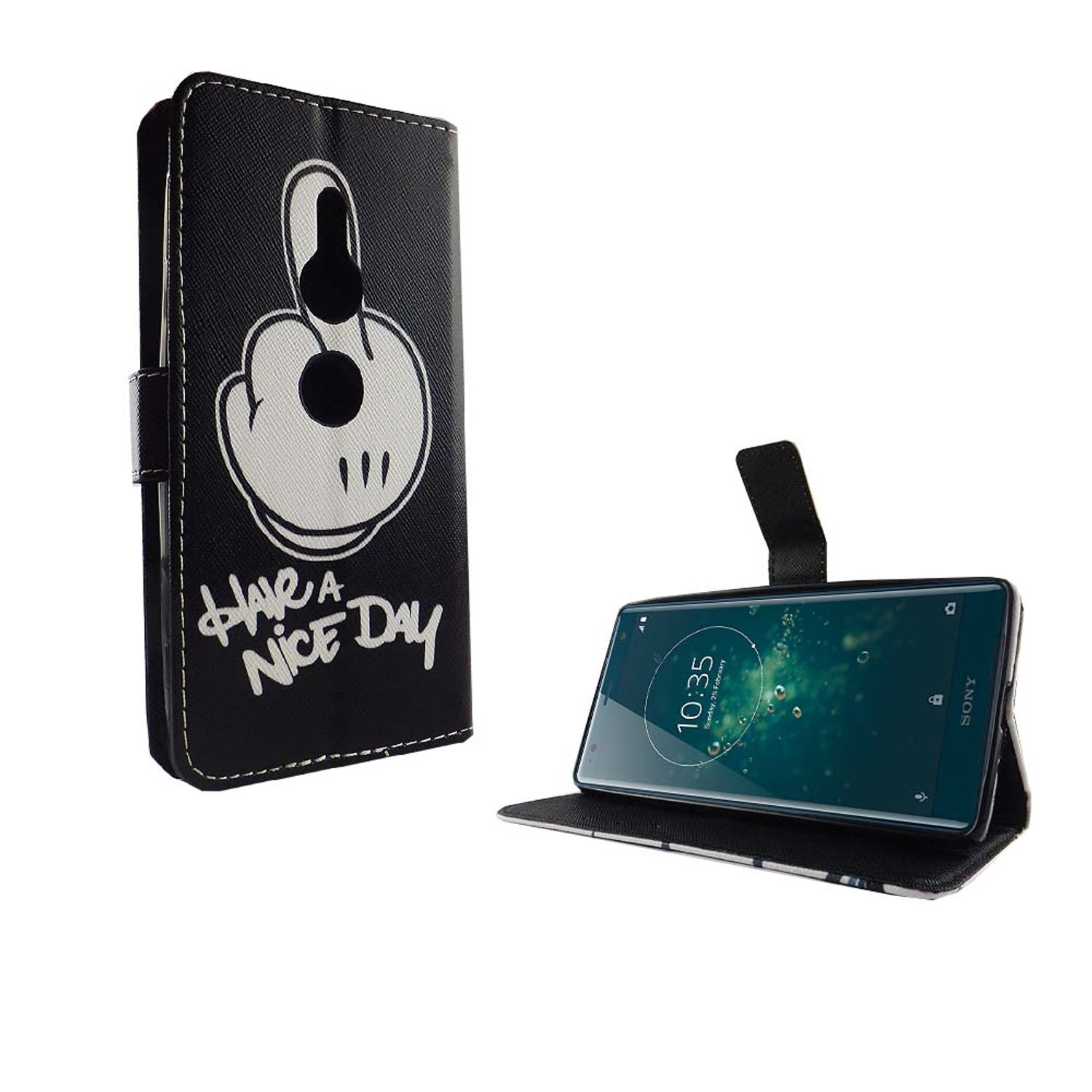 Geöffnete Handyhülle, das Telefon darin zeigend. Die Hülle ist schwarz mit einer Hand und dem Text "HAVE A NICE DAY".