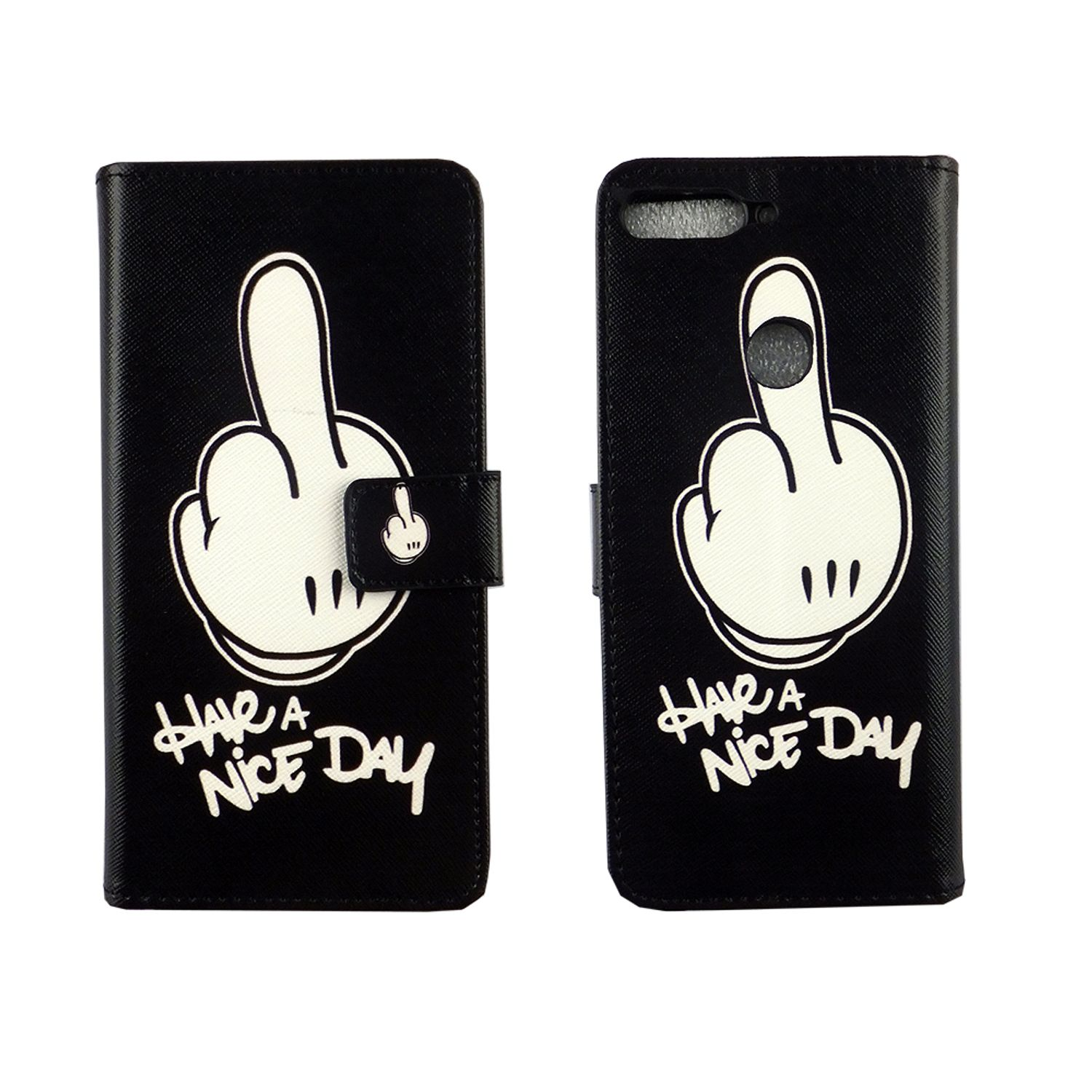 Eine Handyhülle mit einer Mittelfinger-Grafik und dem Text 'Have a nice day'.